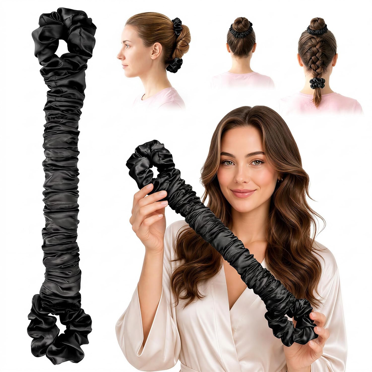 Multi-function Overnight Heatless Hair Curler, Satin No Heat Blowout Rods with Built-in Scrunchie Ends, Jumbo Curling Rod for Loose Waves, Soft Sleep In Styling Tool for Full Bouncy Curls Black