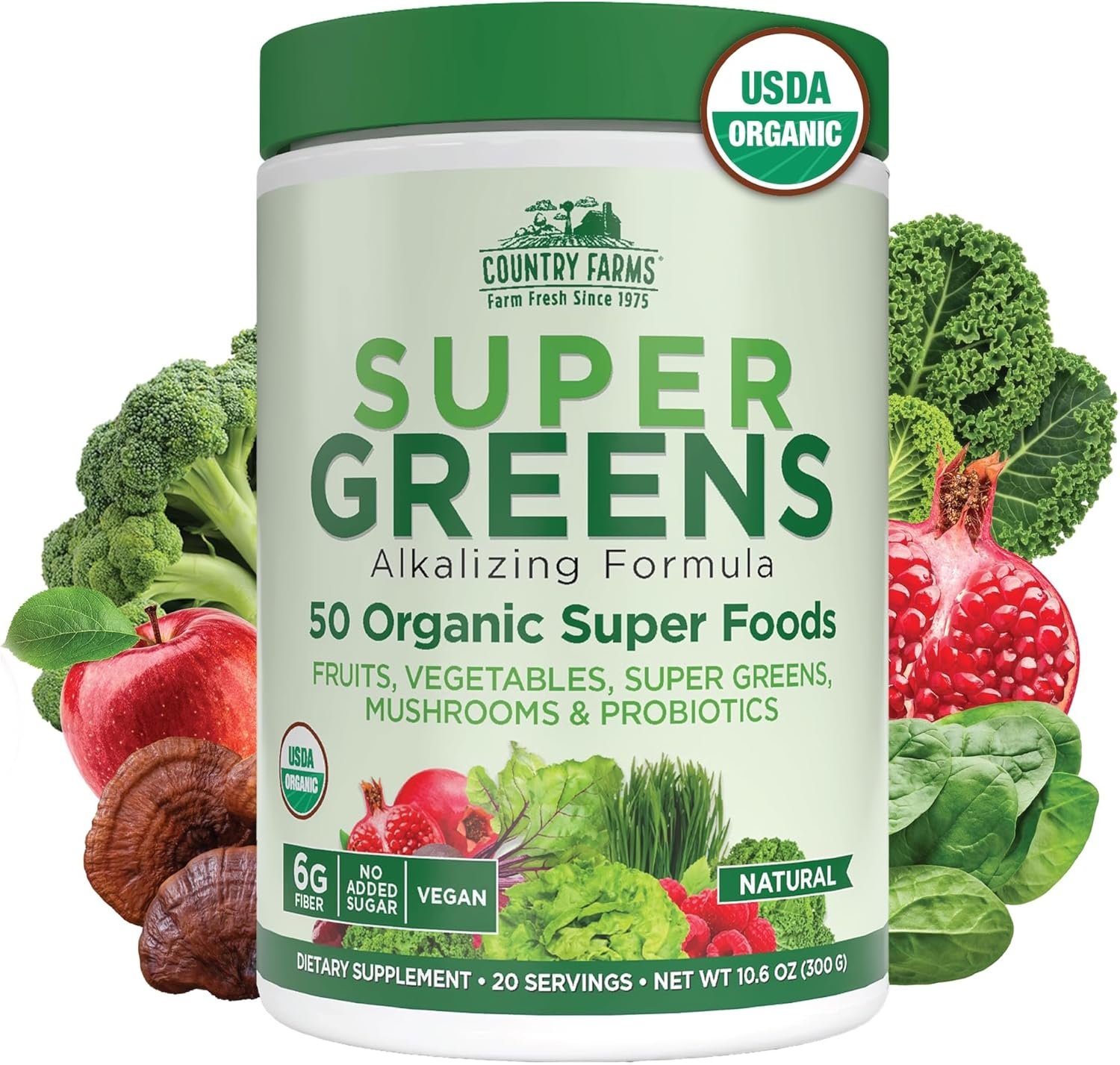 Country Farms Organic Super Greens Powder, 50 Organic Superfoods, Daily Greens Drink Mix with Fruits, Vegetables, Fiber, Probiotics & Mushrooms, Supports Energy, Gut Health & Digestion, Natural Flavor
