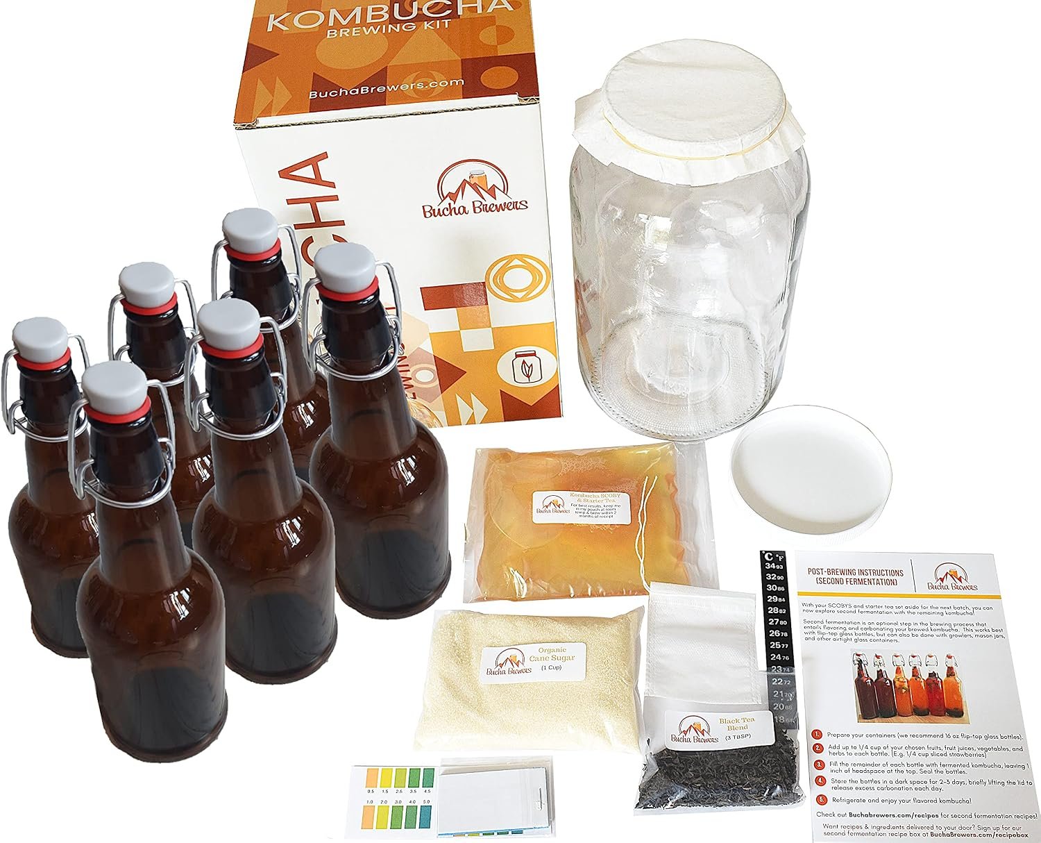 Deluxe Kombucha Starter Kit with Kombucha SCOBY & Starter Tea, Full Kombucha Kit with Bottles Swing Top Glass Bottles Kombucha Brewing Kit + 6 Bottles to Flavor Kombucha (Amber Bottles)