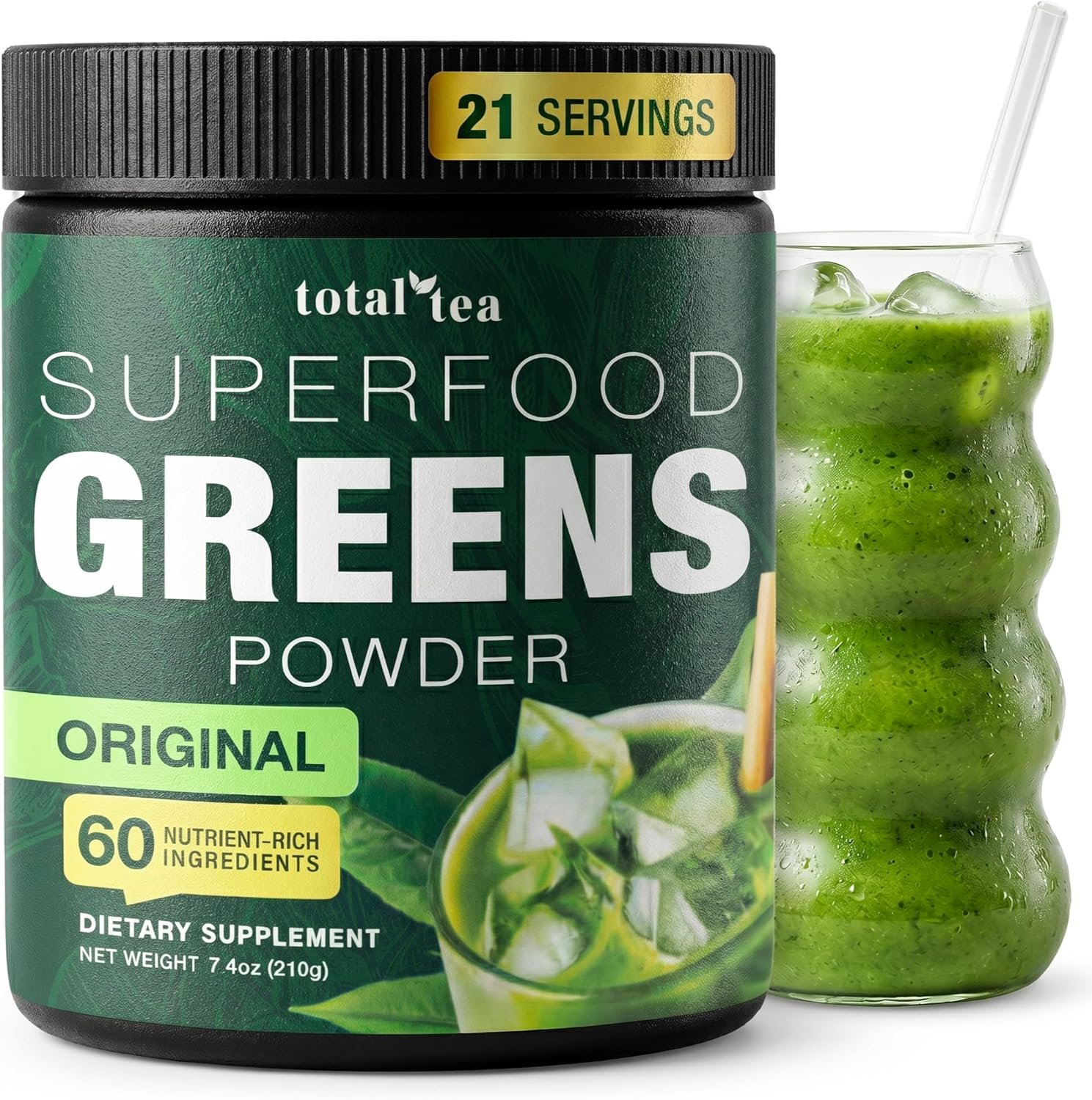 Total Tea Super Greens Powder Supplement, Greens, Fruits, Vegetables, Vegan Drink with Spirulina, Chlorella and Vitamins 21 Servings – Original