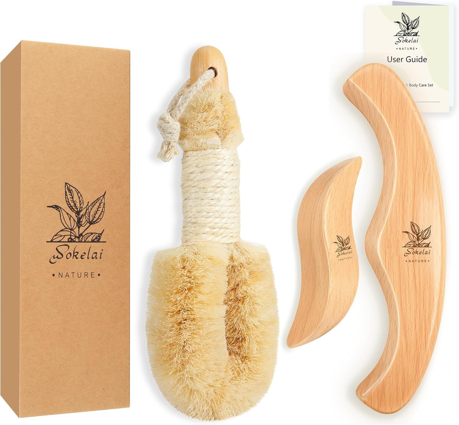 Dry Body Brush Set for Lymphatic Drainage, Natural Sisal Bristle Dry Brushing Body Brush, Wood Therapy Kit with Wooden Acupressure Massage Tools for Face and Body Gua Sha