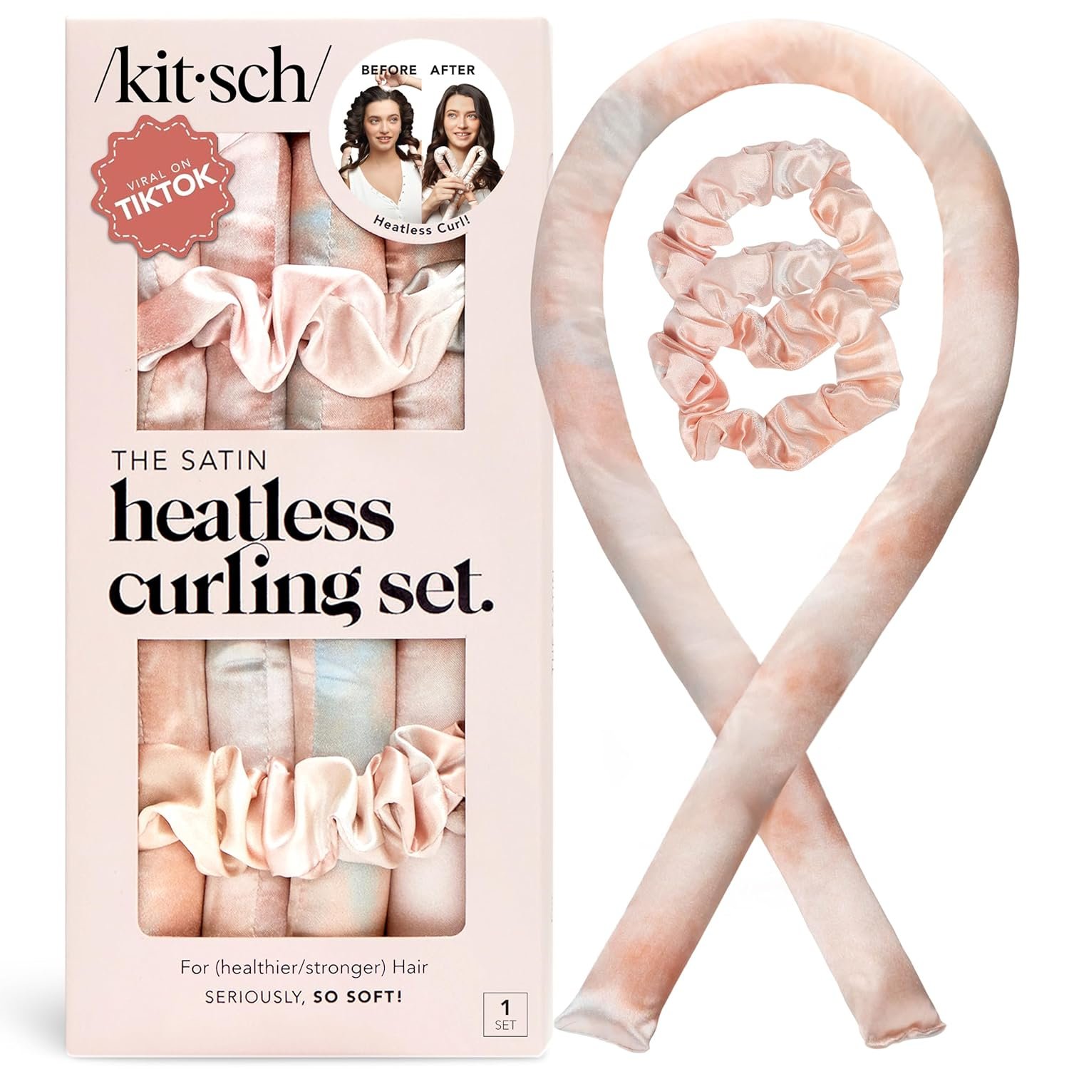Kitsch Satin Heatless Curlers Set – Heatless Curls Overnight w/ 34″ Hair Waver & 2 Satin Hair Scrunchies, Comfortable Hair Curlers to Sleep In for Frizz-Free, No Heat Damage Styling – Sunset Tie Dye