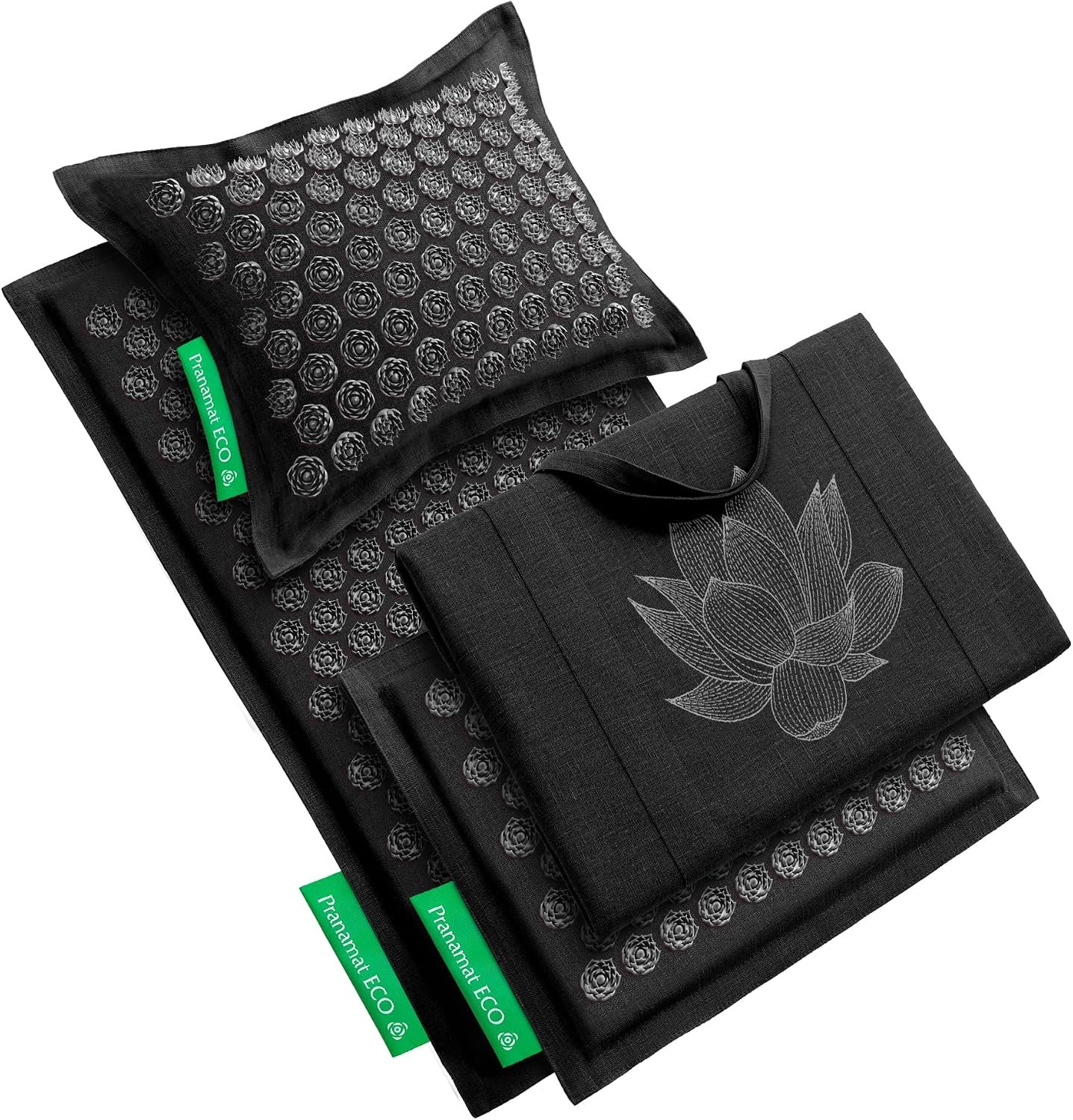 Pranamat Acupressure Large & Small Mat with Pillow and Bag Set, Premium Acupressure Therapy for Pain Relief and Relaxation, Handcrafted in Europe with Sustainable and Natural Materials (Obsidian)