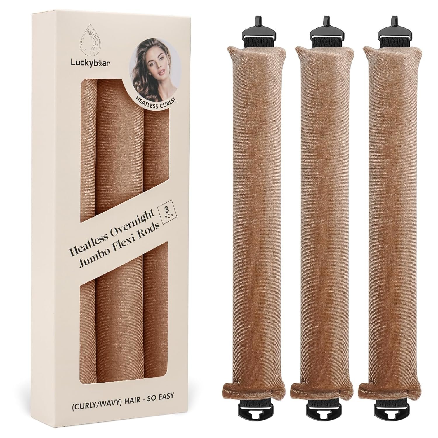 Overnight Heatless Hair Curler Rods Jumbo, Heatless Curls Satin Jumbo Flexi Rods to Sleep in,Soft Heatless Rod for All Hair Types,No Heat Overnight Sleeping Curls Styling Tools 3pcs Khaki