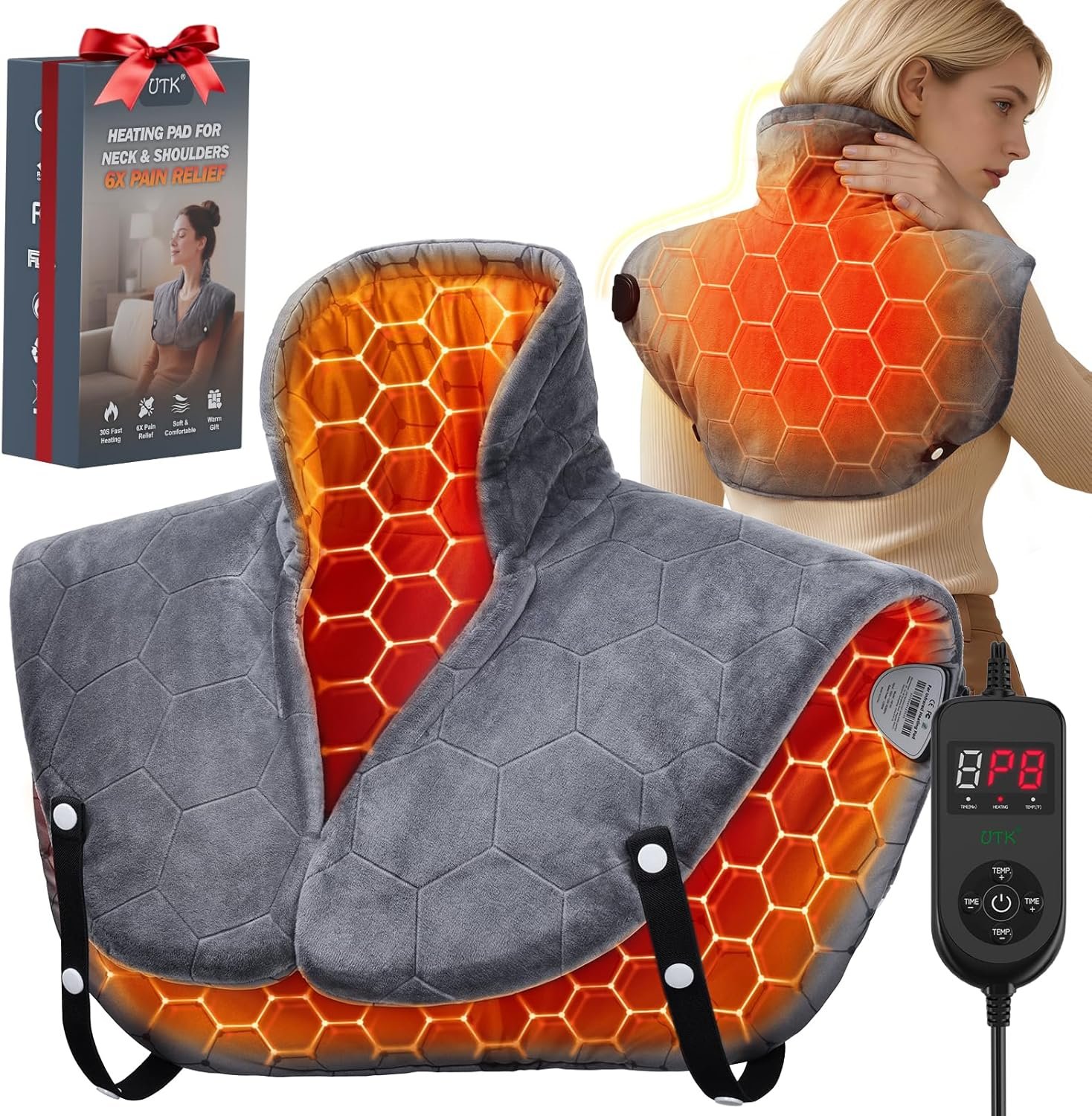 UTK 30s Fast Heating Pad for Neck and Shoulders and Back, Far Infrared Graphene Wrap with 6X Deeper Pain-Relief, 8 Heat Levels, Auto Shut-Off & Memory, 24″x20″ Weighted Heating Pads Gift (Grey)