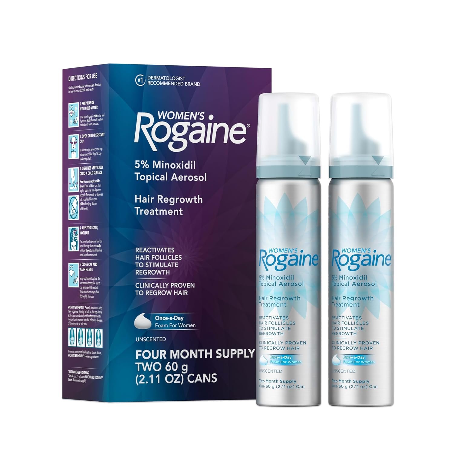 Women’s Rogaine Hair Growth Foam, 5% Topical Minoxidil, 4 Mo, 2x 2.11 Oz