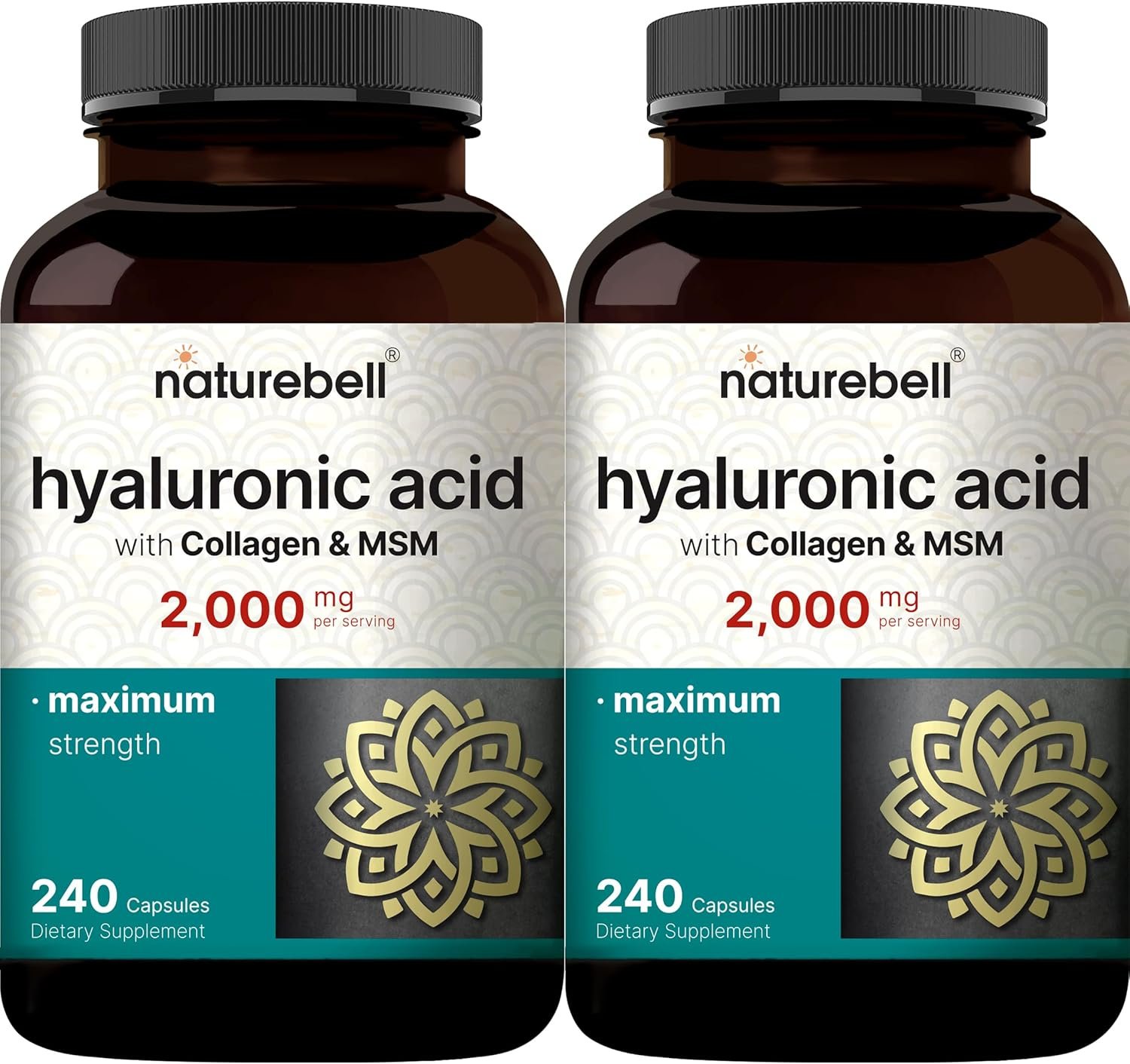 NatureBell 2 Pack Hyaluronic Acid Supplements 2,000 mg | 480 Total Capsules, with MSM & Hydrolyzed Bovine Collagen – 3 in 1 Support for Skin Hydration, Joint Lubrication, Hair, and Eye Health