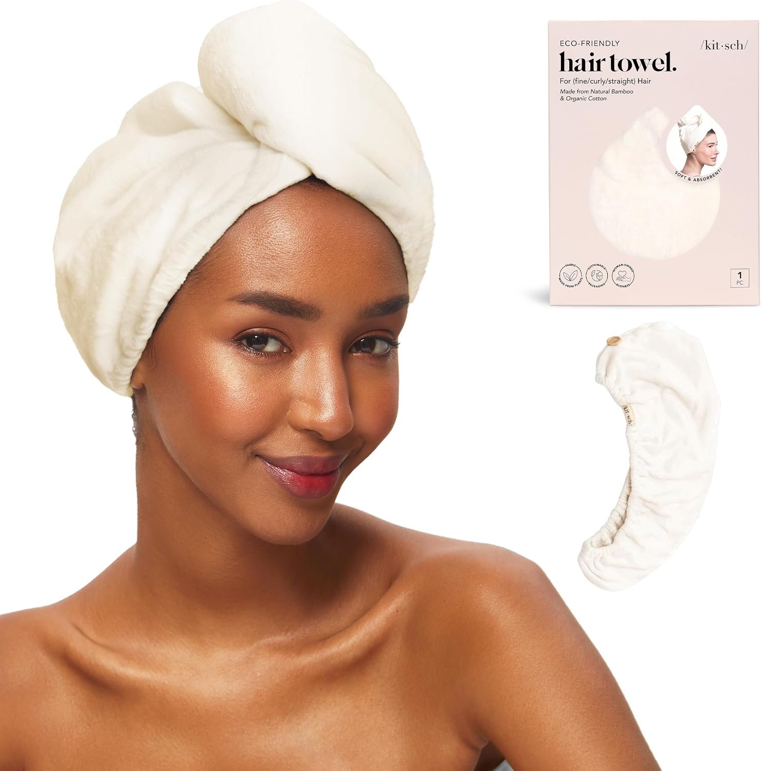Kitsch Microfiber Hair Towel Wrap for Women – Ultra Absorbent Microfiber Bath Towels for Wet, Curly, Long or Short Hair – Anti-Frizz Hair Wrap, Great Hair Products Gift for Women – White Ivory