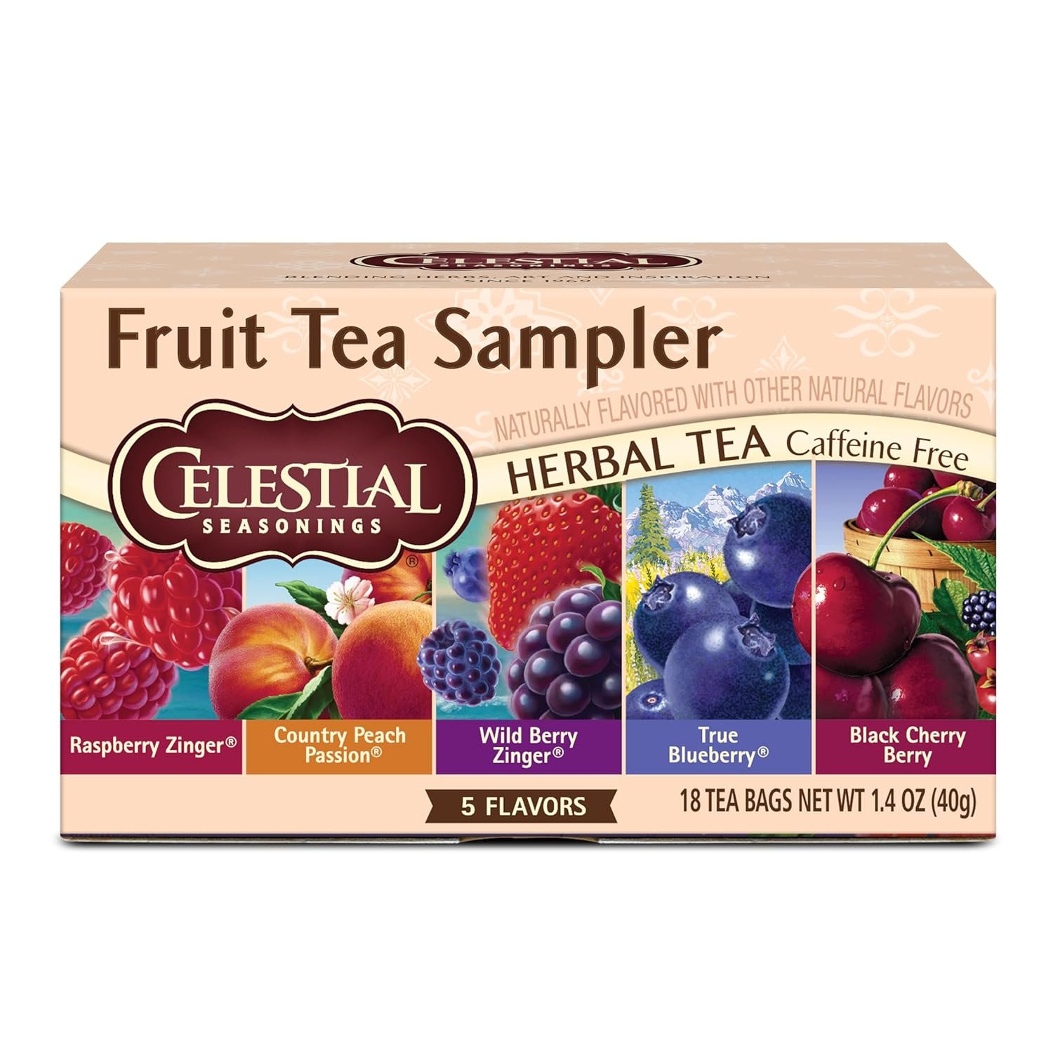 Celestial Seasonings Fruit Tea Sampler Herbal Tea Variety Pack, Caffeine Free, 18 Tea Bags Per Box