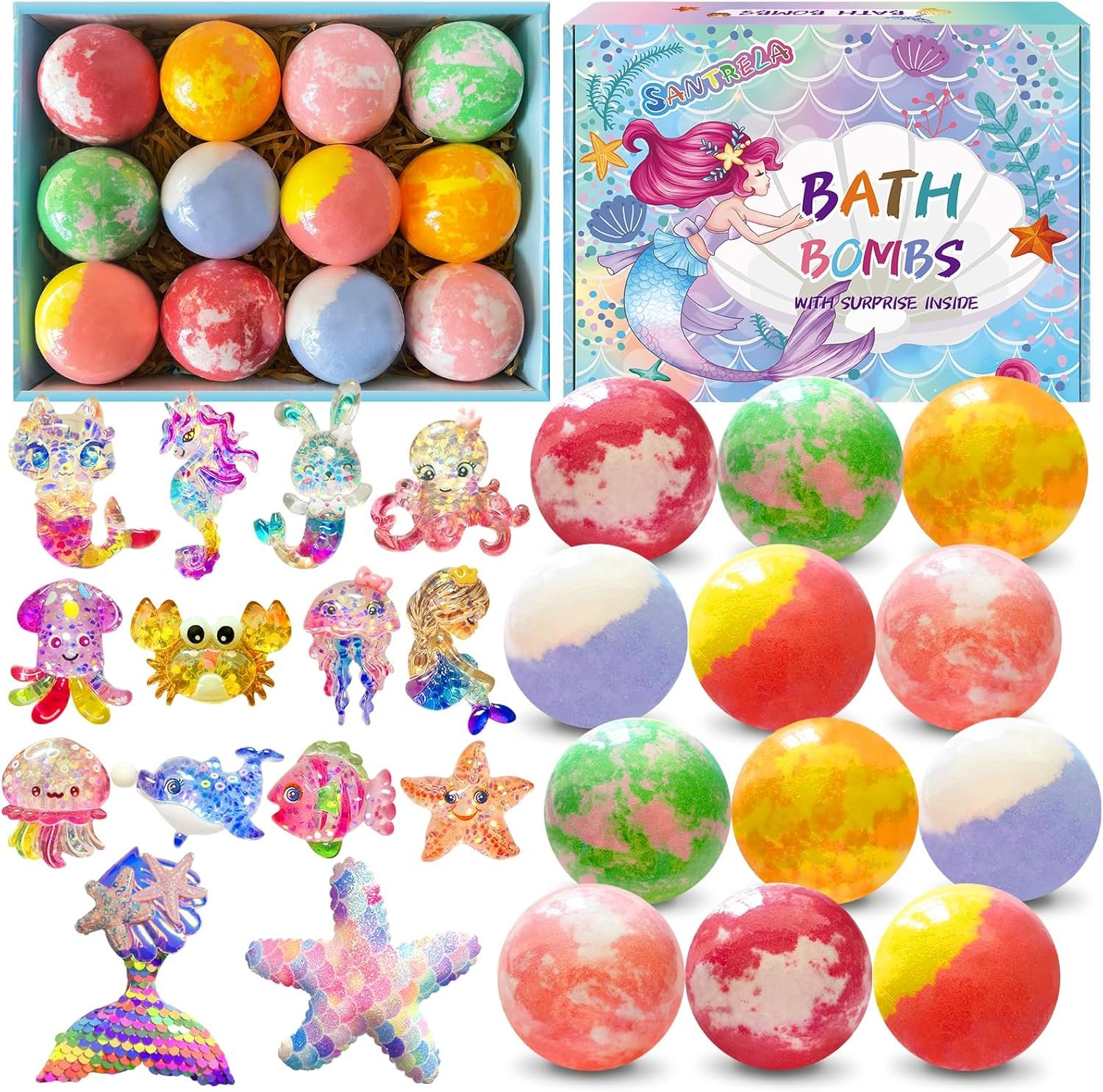 Bath Bombs for Kids with Surprise Inside, 12pcs Kids Bath Bombs with Mermaid Toys Gift Set for Girls, Shea & Coco Butter Dry Skin Moisturize, Birthday Easter Gifts Spa Bath Ball with Bath Toy Fun