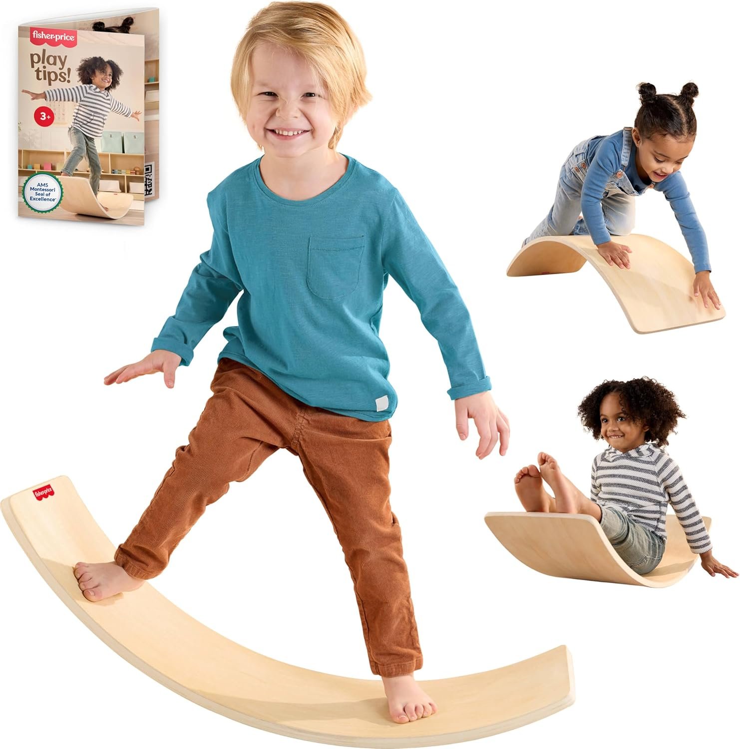 Fisher-Price Wood Montessori Toy Rockin’ Balance Board, American Montessori Society Seal of Excellence, 31.7-Inch Wooden Motor Skills Learning Activity for Kids Ages 3+ Years (Amazon Exclusive)