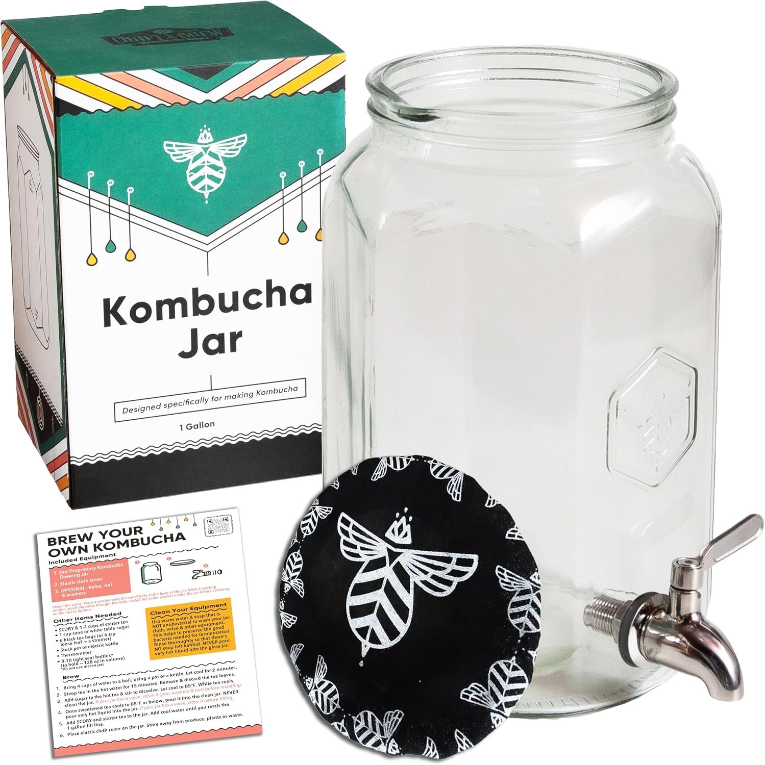 Craft A Brew – Kombucha Jar with Dispensing Valve – For Kombucha Fermentation – Includes Custom Cloth Cover- Proprietary Design