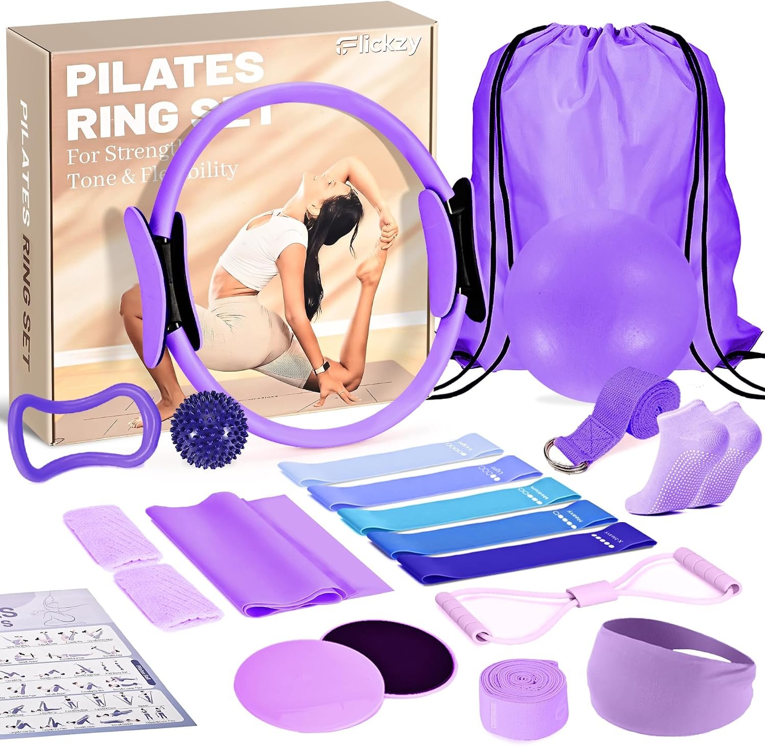 Pilates Ring Set for Women, Pilates Set with Magic Circle, Ball and Resistance Bands, Pilates Kit for Home Workout, Pilates Equipment Set for Strength, Toning and Flexibility