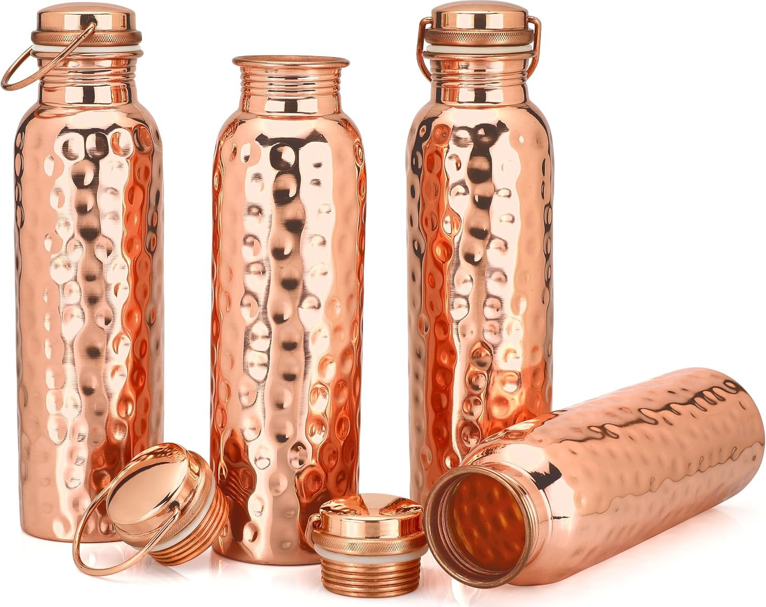 Set of 4 Hammered Copper Water Bottles with Ring (34 oz Each) – Pure Copper Drinking Vessels, Reusable, Leak-Resistant & Health-Supporting