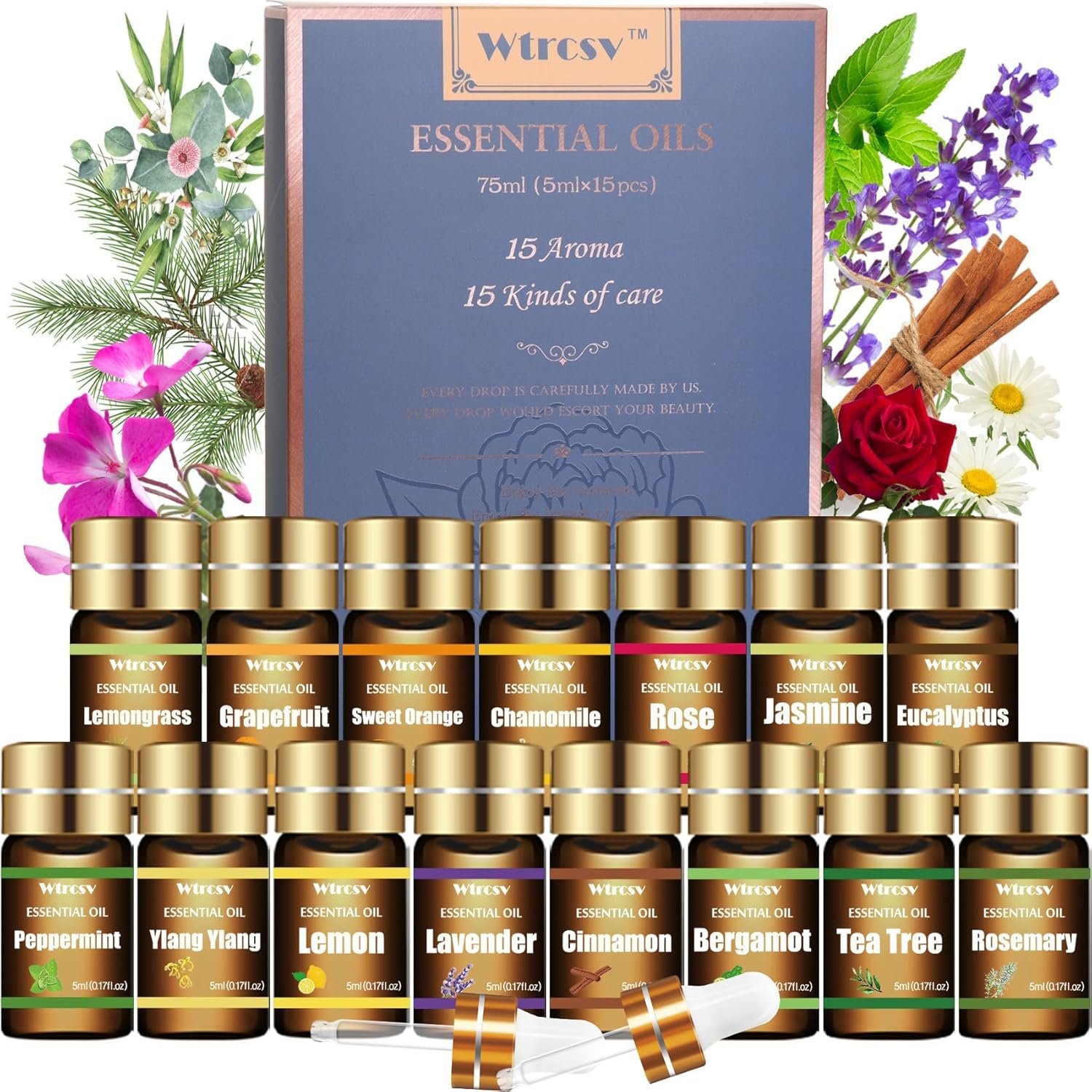 Essential Oils Set – Top 15 Scents for Diffuser, Humidifier, Skin Care, Aromatherapy, Massage, Candle & Soap Making – Fragrance Gift Set (5ml)