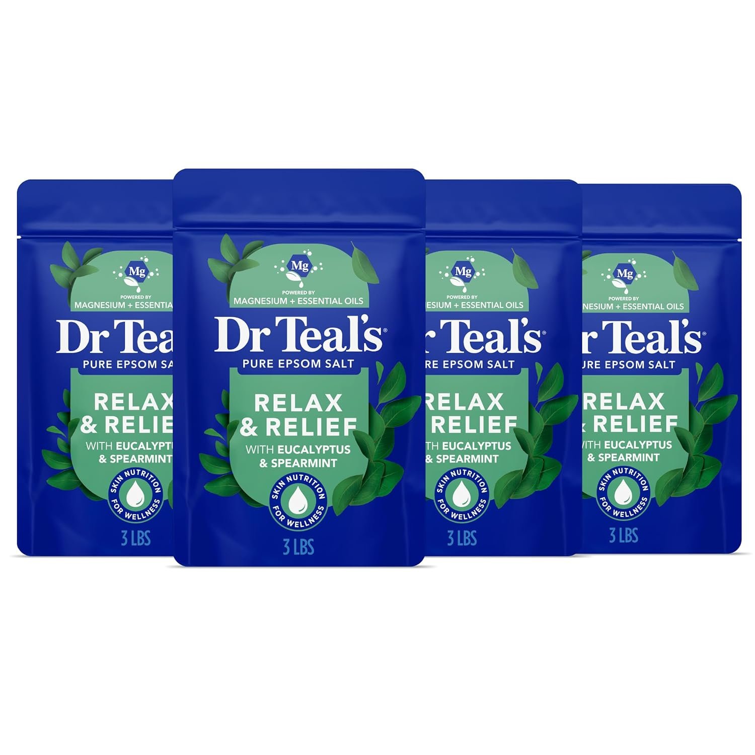 Dr Teal’s Pure Epsom Salt, Relax & Relief with Eucalyptus and Spearmint, 3 lb (Pack of 4)
