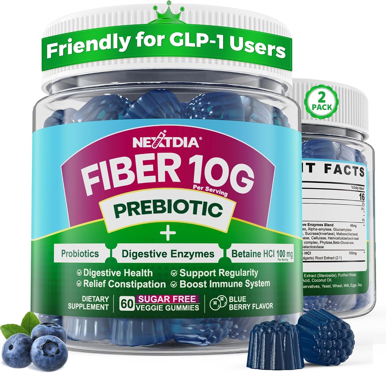 Fiber Gummies for Adults, GLP-1 Friendly 10g Prebiotic Fiber Supplement w/ Digestive Enzymes, Probiotics & 100mg Betaine for Digestive & Gut Health and Regulate Bowel Movement, Vegan, Sugar Free,120ct