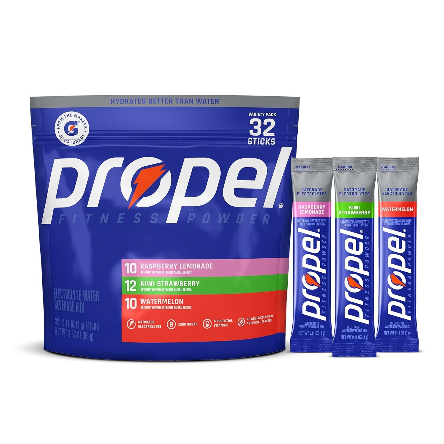 Propel Electrolyte Powder Drink Mix, 3 Flavor Variety Pack, (32 Servings), Zero Sugar, Enhanced Water Beverage, Gatorade Electrolytes, Vitamins, No Added Colors, No Artificial Flavors, Hydration