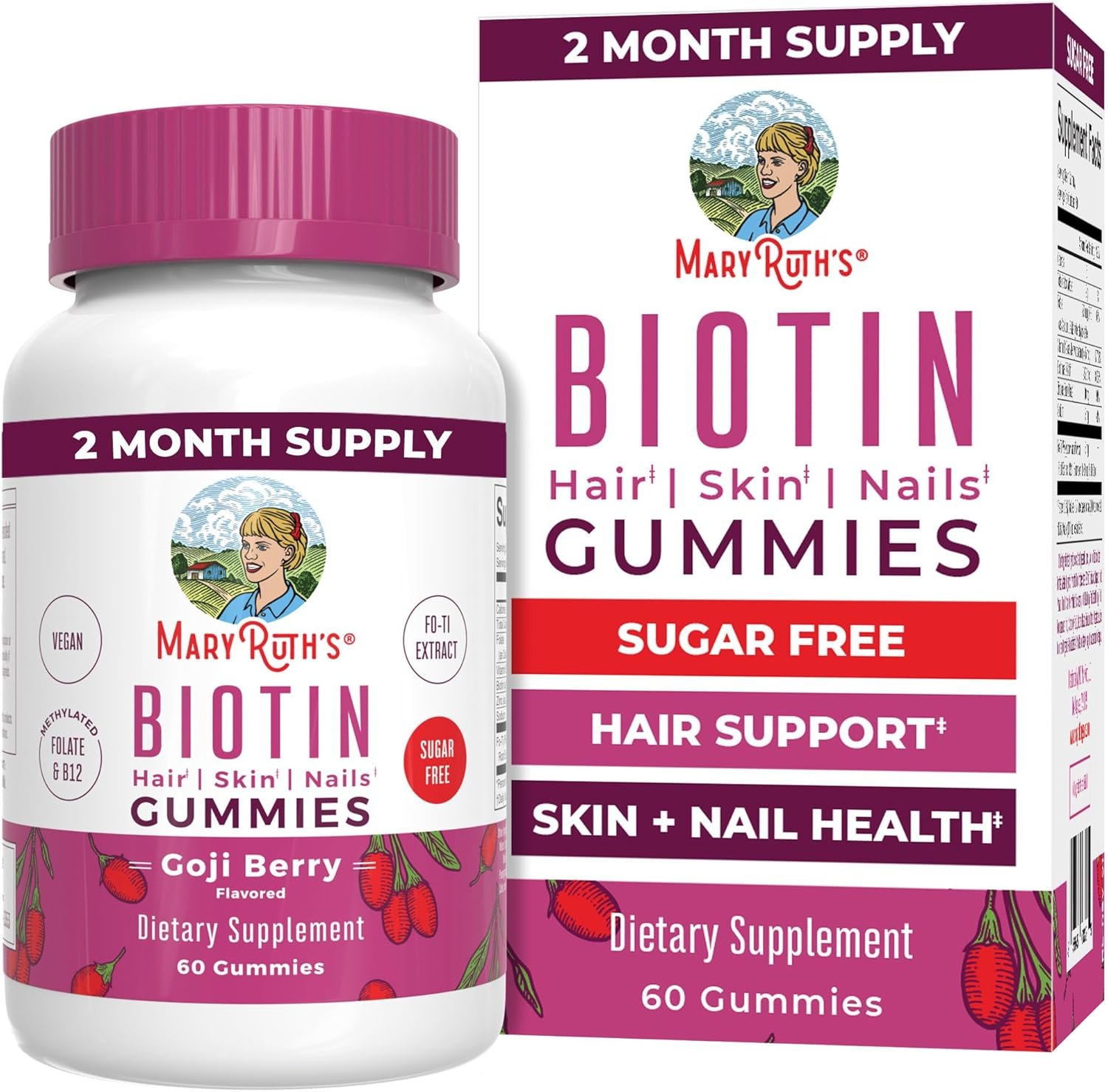 MARYRUTH’S Organics Biotin Gummies | Sugar Free | Vegan | Non-GMO | 2,500 mcg Biotin Supplement | Hair Skin and Nails Vitamins | Hair Growth Vitamins | Hair Growth Supplement | 60 Count