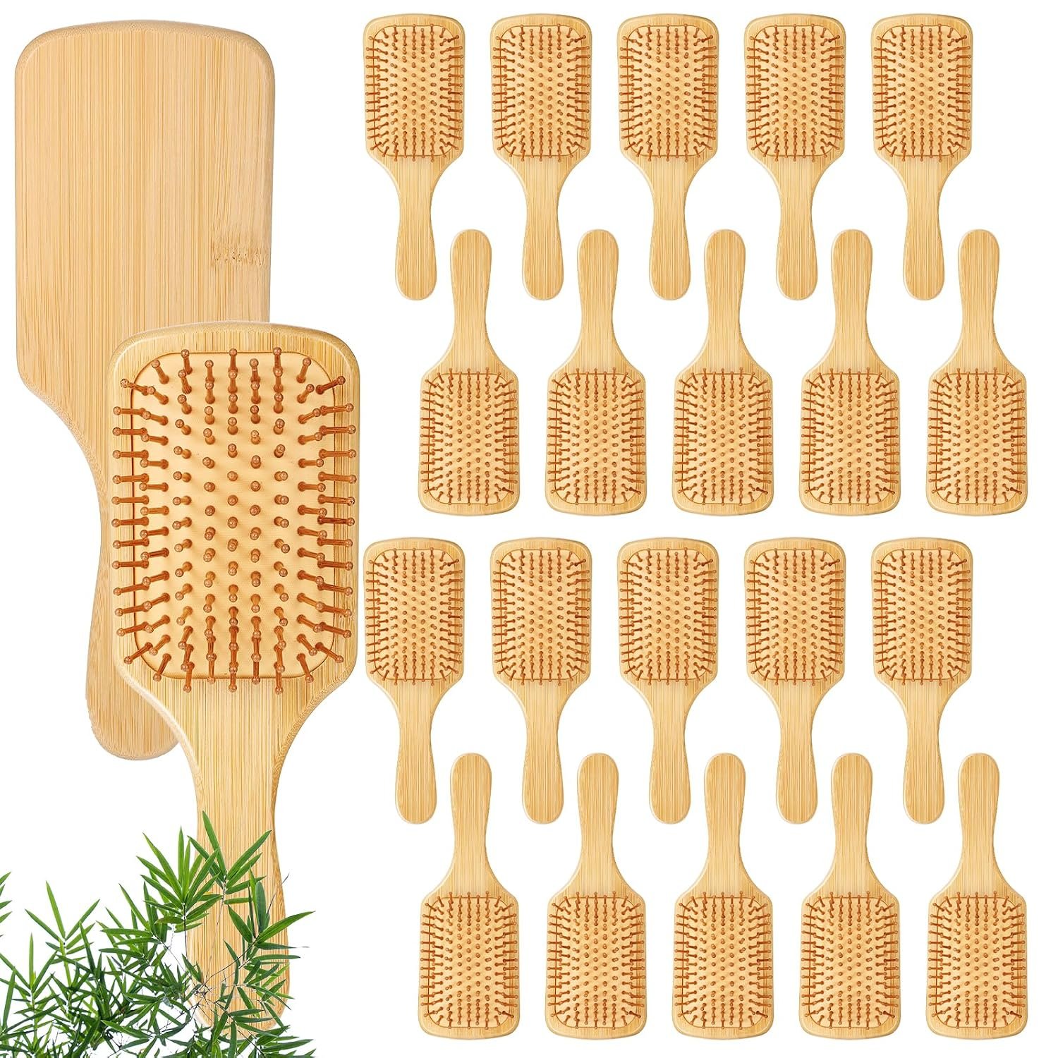 10 Pcs Bamboo Hair Brush, Bulk Round-tipped Bamboo Bristles Detangling Brush Paddle Lightweight Massage Anti Static for Women Men and Children, Stimulates Scalp for Hair Growth (Large, Count, 10)