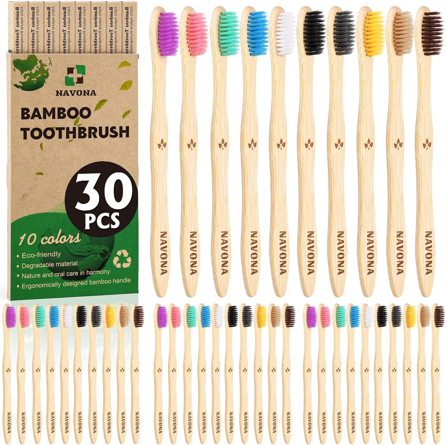 Navona 30 PCS Bamboo Toothbrushes, BPA Free Soft Bristles Toothbrush for Adults, Box of Two Kids Bamboo Toothbrushes Pack, Eco-Friendly Natural Wooden Toothbrush Bulk