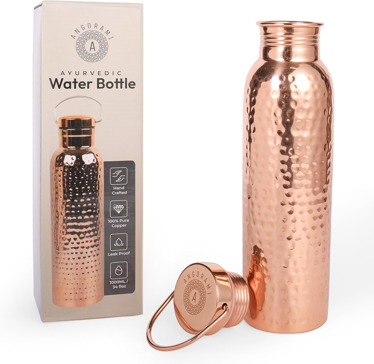 Handcrafted 100% Ayurvedic Pure Copper Water Bottle with Lid for Drinking – 34oz Durable Leakproof, BPA-Free Copper Water Flask with Hammered Finish & Travel Friendly Design for Gym Office Home Travel