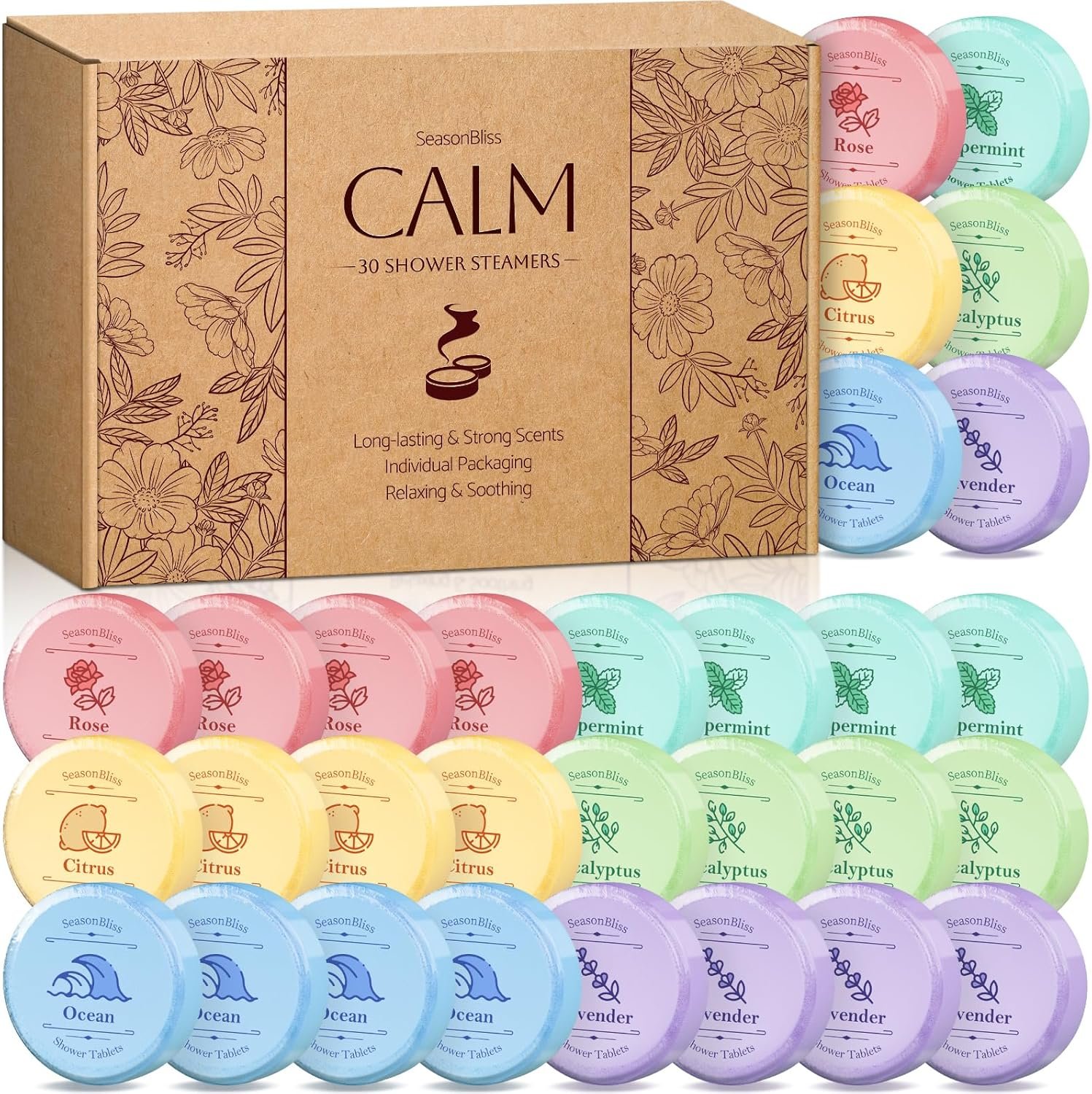 Shower Steamers 30 PCS with Individually Wrapped, Shower Bombs for Women with 6 Rich Scents, Rose Peppermint Citrus Eucalyptus Ocean Lavender, Mother’s Day Valentines Birthday Present for Mom Wife Men