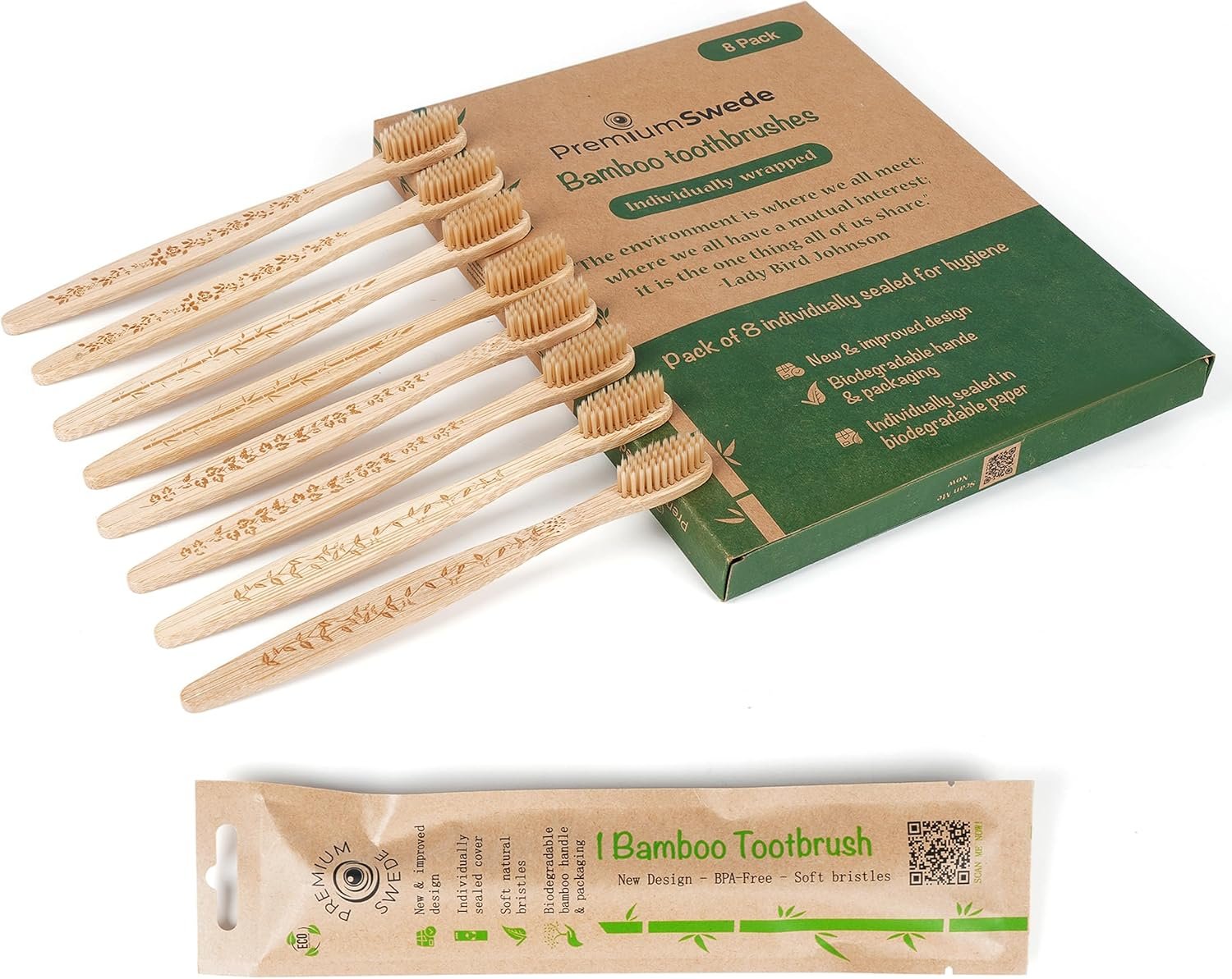Bamboo Toothbrushes Soft Bristles Adult – 8 Pack Eco-Friendly Bamboo Toothbrushes Individually Wrapped – Sealed Soft Bristle Toothbrush – Biodegradable Natural Wooden Toothbrush