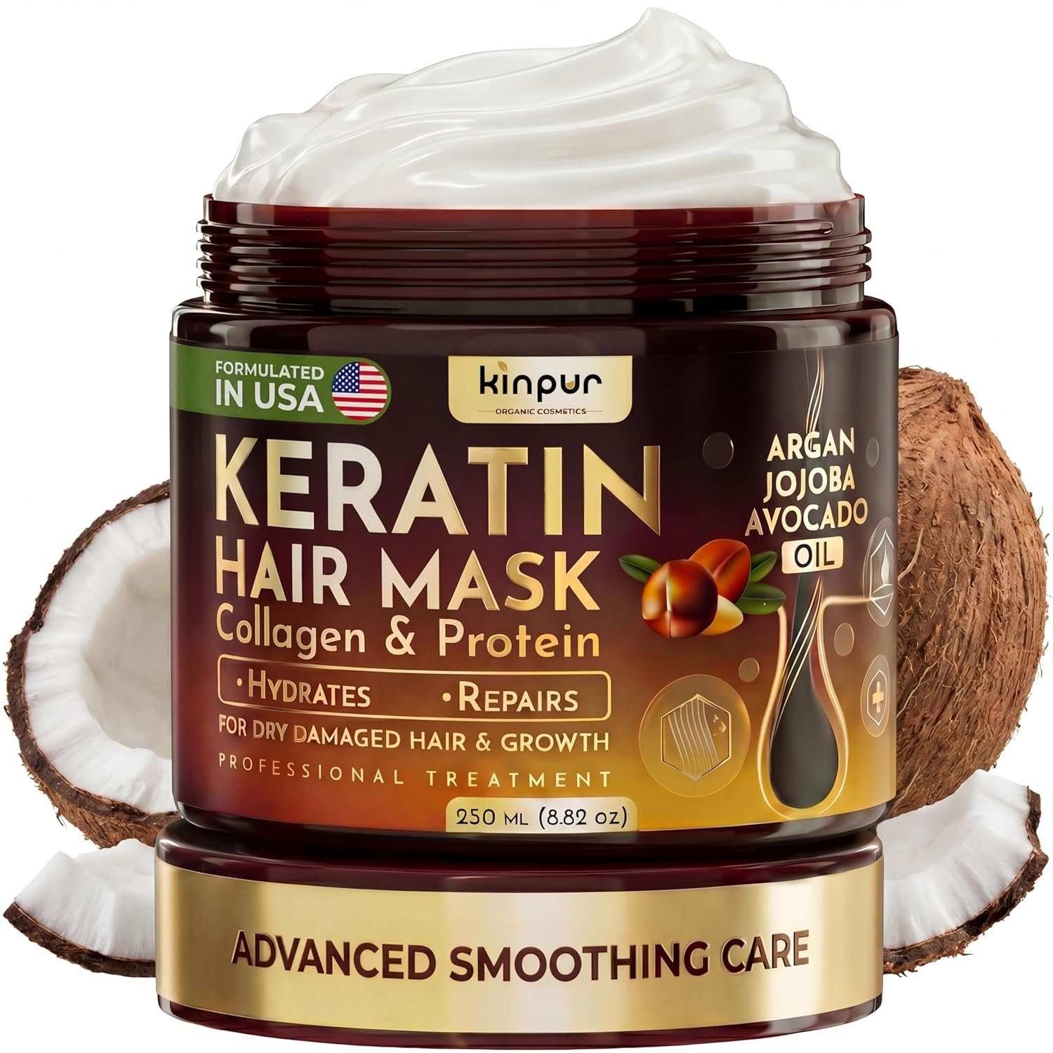 KINPUR ORGANIC COSMETICS Keratin Hair Mask for Dry & Damaged Hair – Deep Conditioning Hair Treatment with Coconut, Jojoba & Avocado Oils, Collagen & Protein – Hydrating Hair Mask, Color-Safe