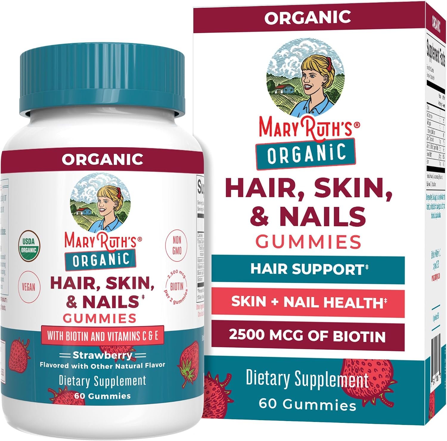MARYRUTH’S Hair Skin and Nail Vitamins | USDA Organic | 2500 mcg Biotin Gummies with Vitamin C & Vitamin E | Hair Growth Vitamins | Skin Care | Nail Growth | Ages 14+ | 60 Count