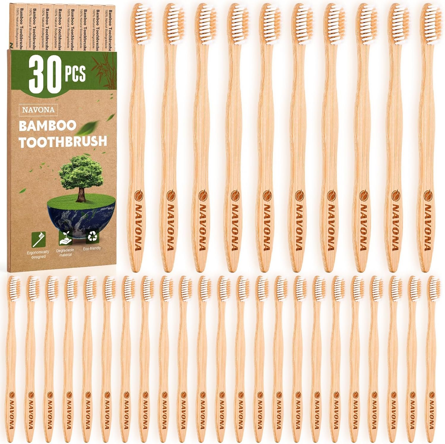 Navona 30 PCS Bamboo Toothbrushes Pack, BPA Free Medium Soft Bristles Toothbrushes for Adults, Eco-Friendly Natural Wooden Toothbrush Bulk, Box of Two Reusable Travel Toothbrush