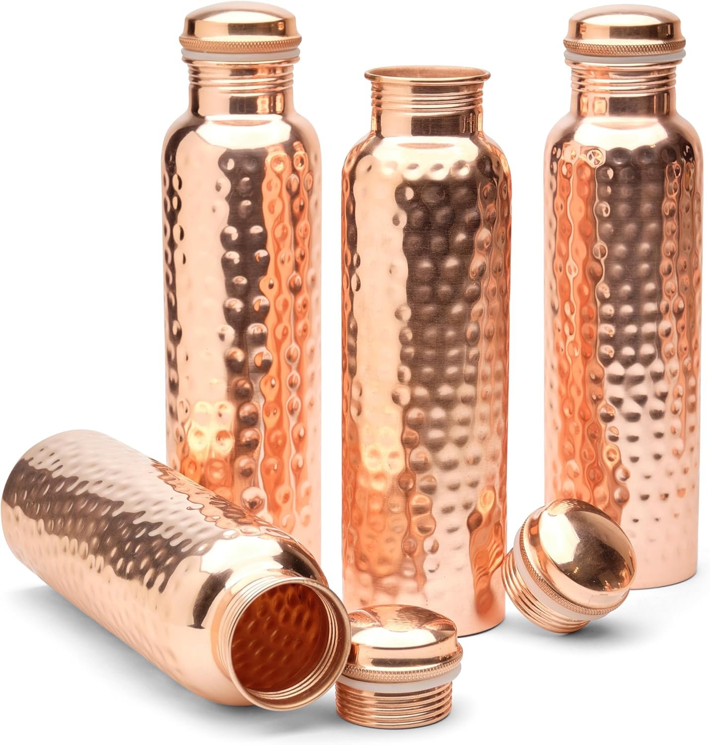 Advanced Mixology Hammered Copper Water Bottle Set of 4 (34 oz/1000ml) – 100% Pure Copper, Ayurvedic Health Benefits, Durable, Leak-Proof, Reusable, Premium Quality