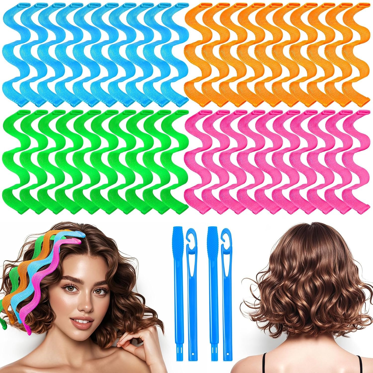 42 Pieces Heatless Waves Hair Curler for Short Hair, No Heat Damage Hair Curlers for Long Lasting Natural Waves and Curls, Easy To Use Styling Hook Design for Women and Girls (25cm/9.8″)