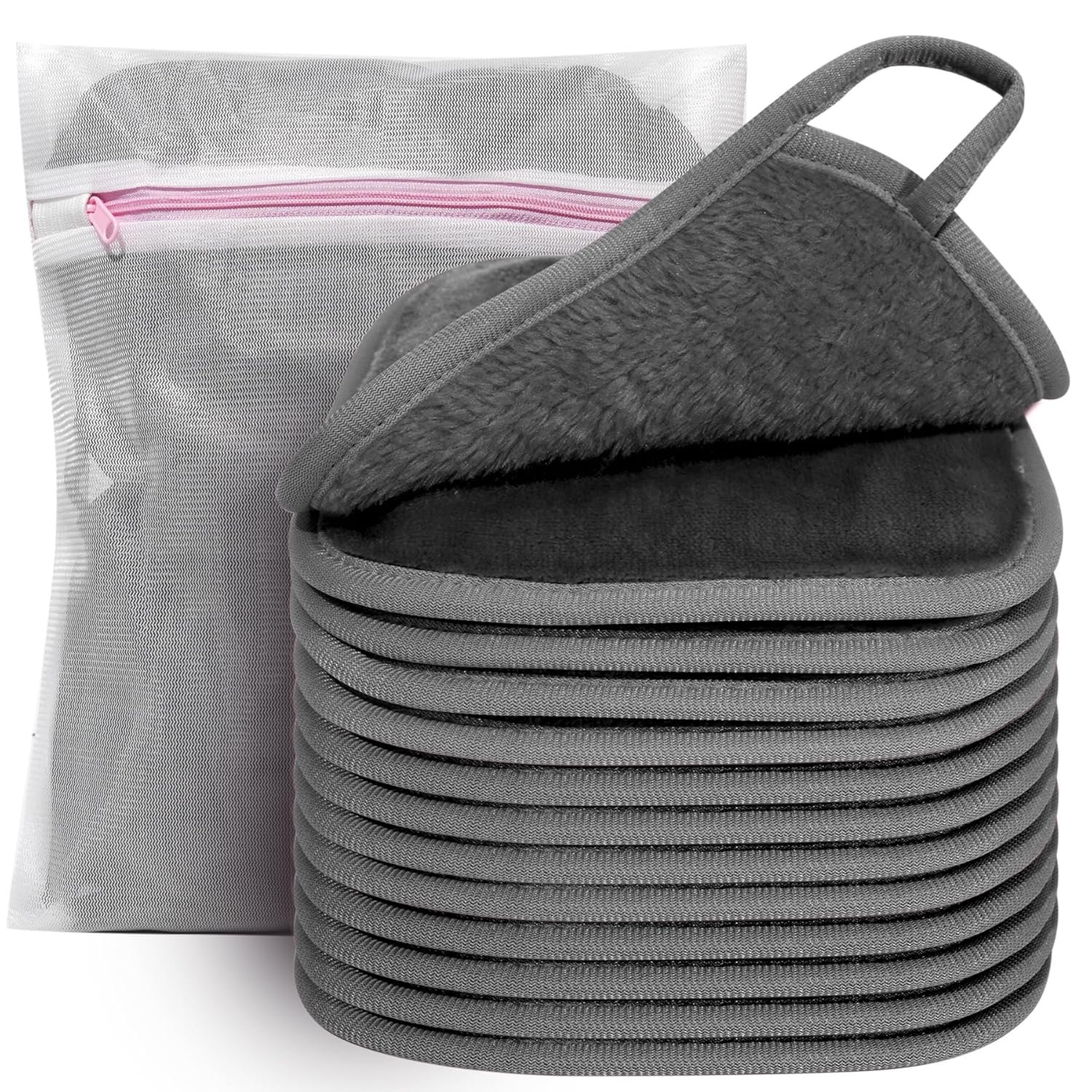 KODAMO Makeup Remover Cloth, 6 inch x 6 inch Reusable Makeup Remover Towels with Laundry Bag, Microfiber Makeup Removal Face Wash Cloths with Just Water, 12 Pack, Grey