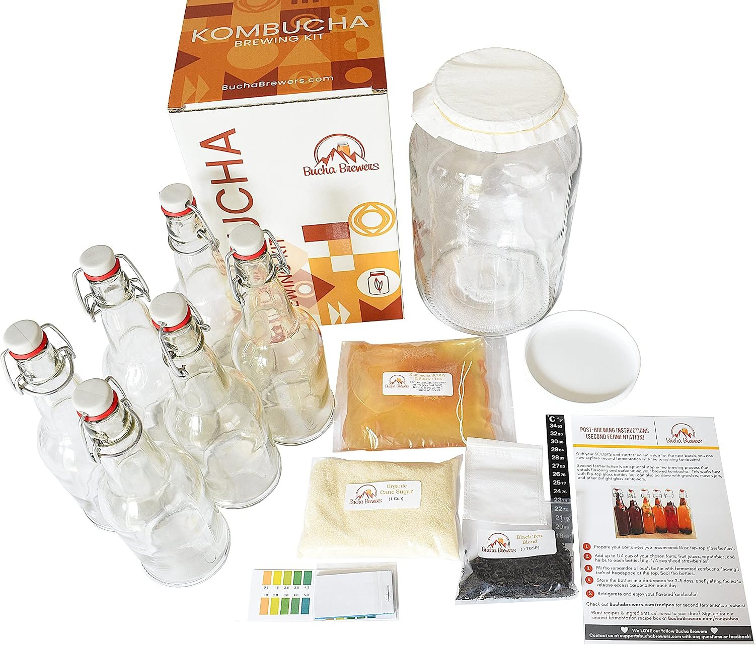 Deluxe Kombucha Starter Kit with Kombucha SCOBY & Starter Tea, Full Kombucha Kit with Bottles Swing Top Glass Bottles Kombucha Brewing Kit + 6 Bottles to Flavor Kombucha (Clear Bottles)