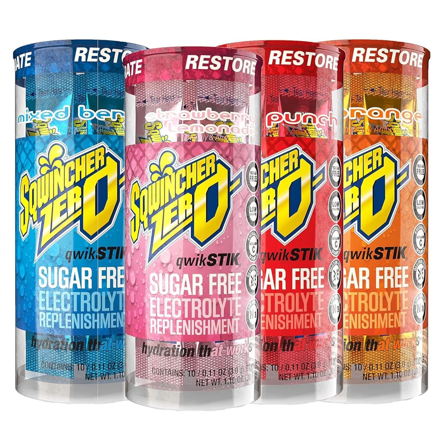 Sqwincher Zero Qwik Stik, 4 Flavor Variety Pack, Sugar Free, Low Calorie, Low Sodium Electrolyte Powder Hydration Drink Mix, .11 oz Packet (Pack of 200)