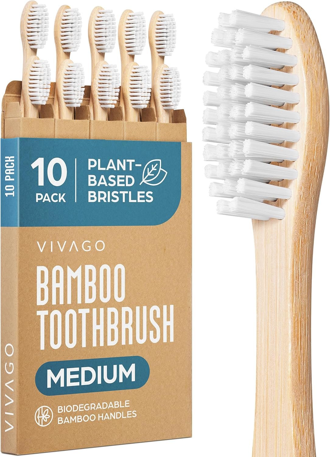 VIVAGO Bamboo Toothbrushes Medium Bristles 10 Pack – Plant-Based Medium Bristles Toothbrushes for Adults – Eco-Friendly, Natural Wooden Toothbrush