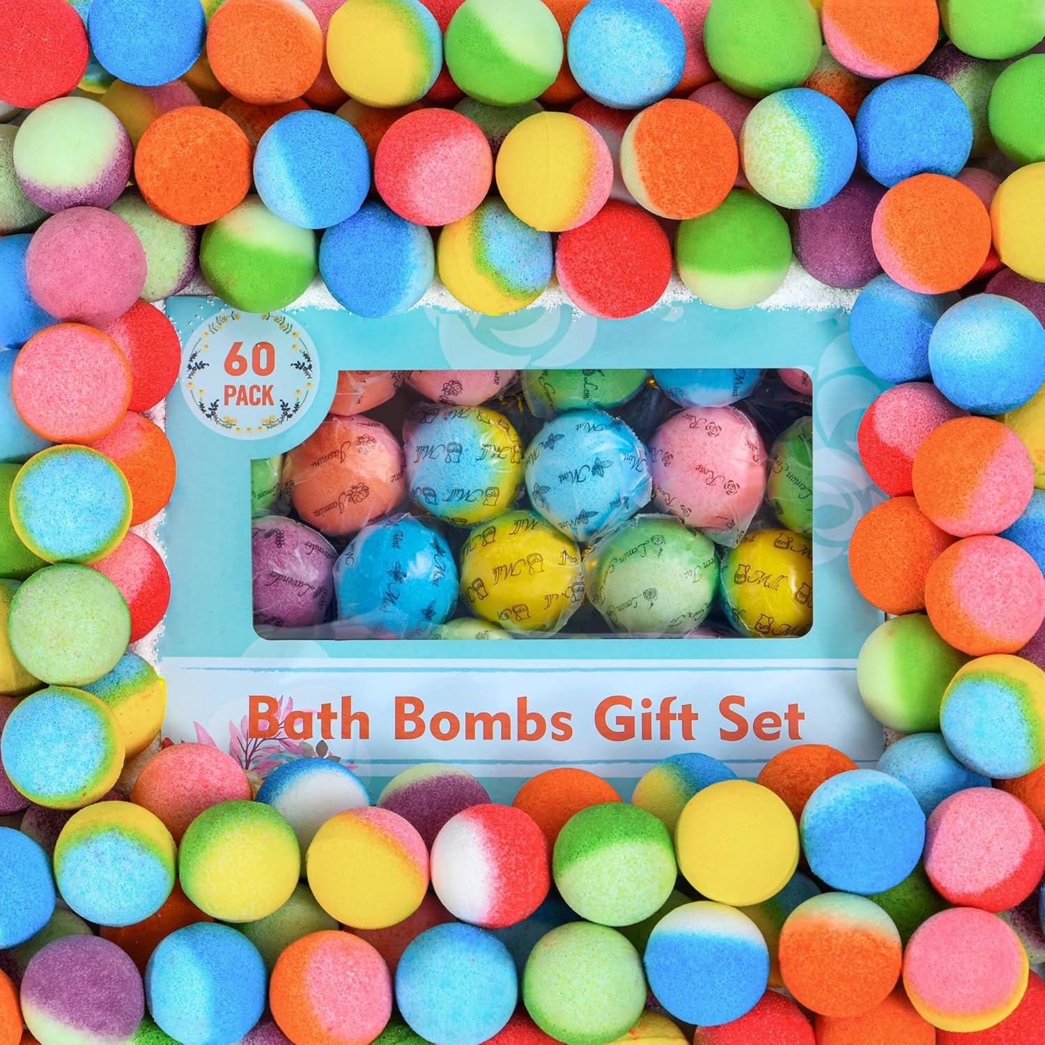 60 Pack Bath Bombs Set, Christmas Stocking Stuffers, Birthday Gift Set for Women, Natural Organic Bath Bubble Bombs for Kids/Women/Men/Mom Individually Wrapped Handmade