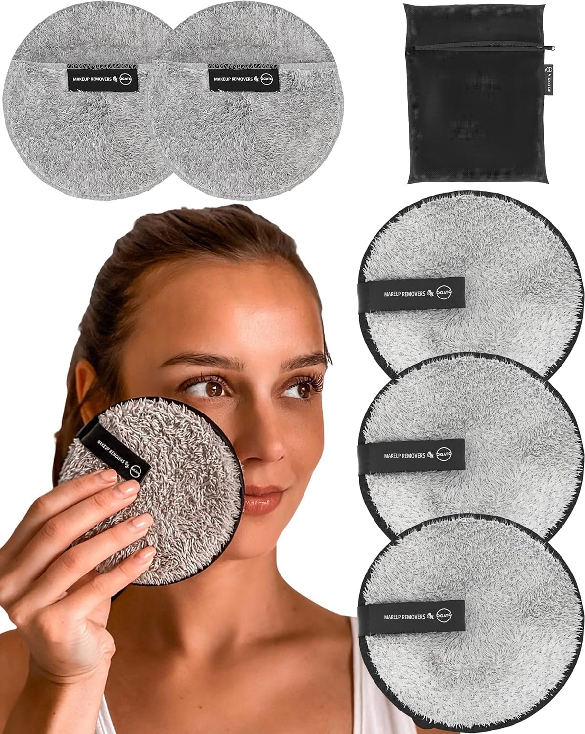 Ogato Reusable Makeup Remover Cloth – 5pc Face Pads, Makeup Eraser Cloth Wipes for All Skin Types – Washable Microfiber Make Up Reusable Cotton Rounds for Face – With Included Laundry Bag