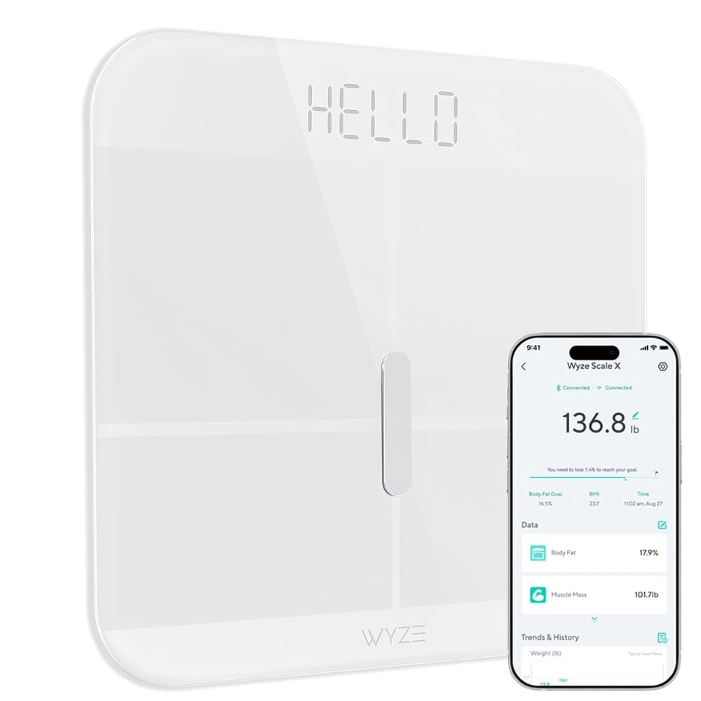 Wyze Smart Scale X – Digital Bathroom Scale for Body Weight, BMI, Body Fat, Muscle Mass, Heart Rate Monitor | ITO Glass & LED Backlight | Batteries Included, 400 lbs (White)