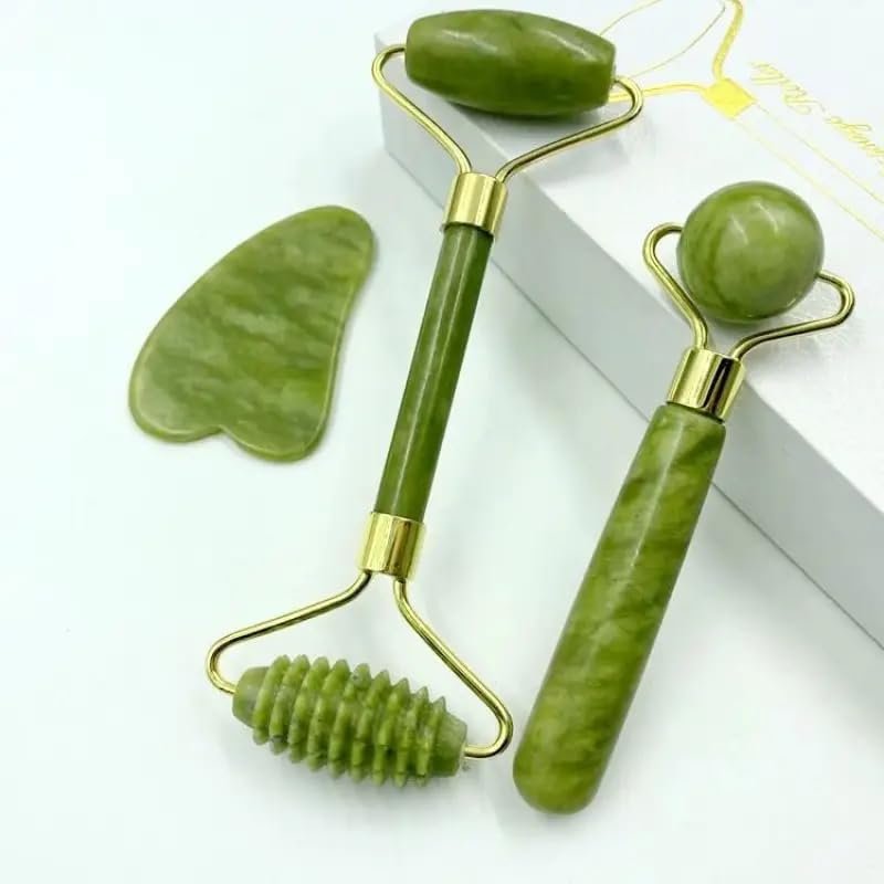 3-in-1 Jade Roller and Gua Sha Facial Kit | 100% Natural Jade Stone Massager Set for Anti-Aging, Wrinkle Reduction & Skin Care | Perfect Beauty Tool for Face, Eyes, and Body
