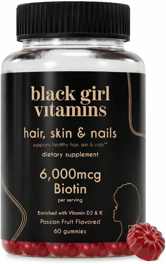 Black Girl Vitamins – Hair, Skin, and Nails Gummies with Biotin (6000 mcg), Zinc, Gelatin Free, Vitamin A, and Vitamin E – Gluten-Free. Made in The USA (Passion Fruit, 60 Count) 30 Day Supply