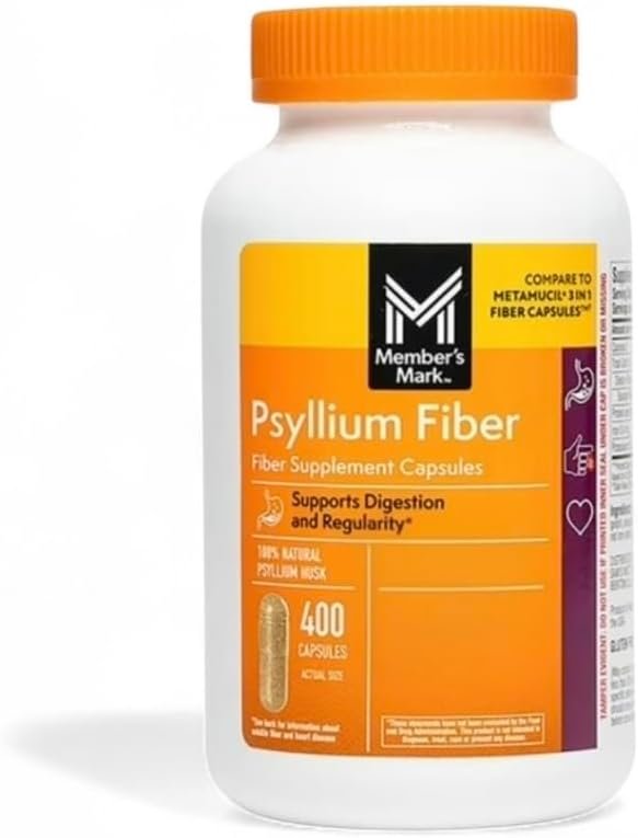 Member’s Mark 100% Natural Psyllium Husk Fiber Capsules, Digestive Health, 400 Count (Pack of 1)