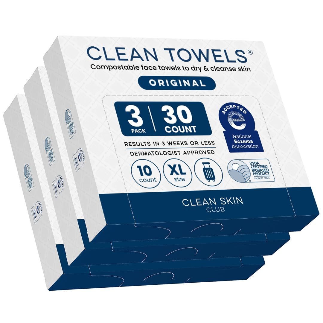 Clean Skin Club Clean Towels XL®, Travel Pack 100% USDA Biobased Disposable Face Towel, Eczema Association Accepted,Dry Wipes, TSA-Approved Travel Essential, 3 Packs, 30 ct Total