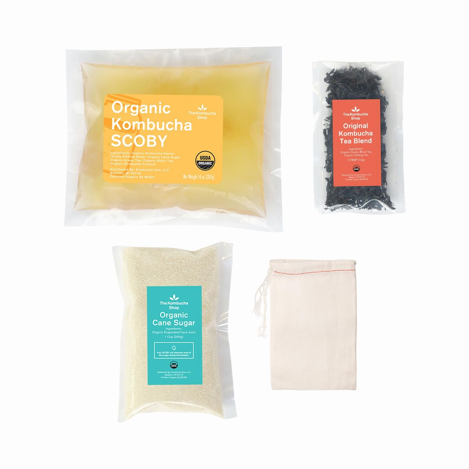 100% Organic Kombucha Starter Kit – Includes SCOBY Starter, Tea, Sugar & Tea Bag to Make 1 Gallon of Kombucha – The Kombucha Shop