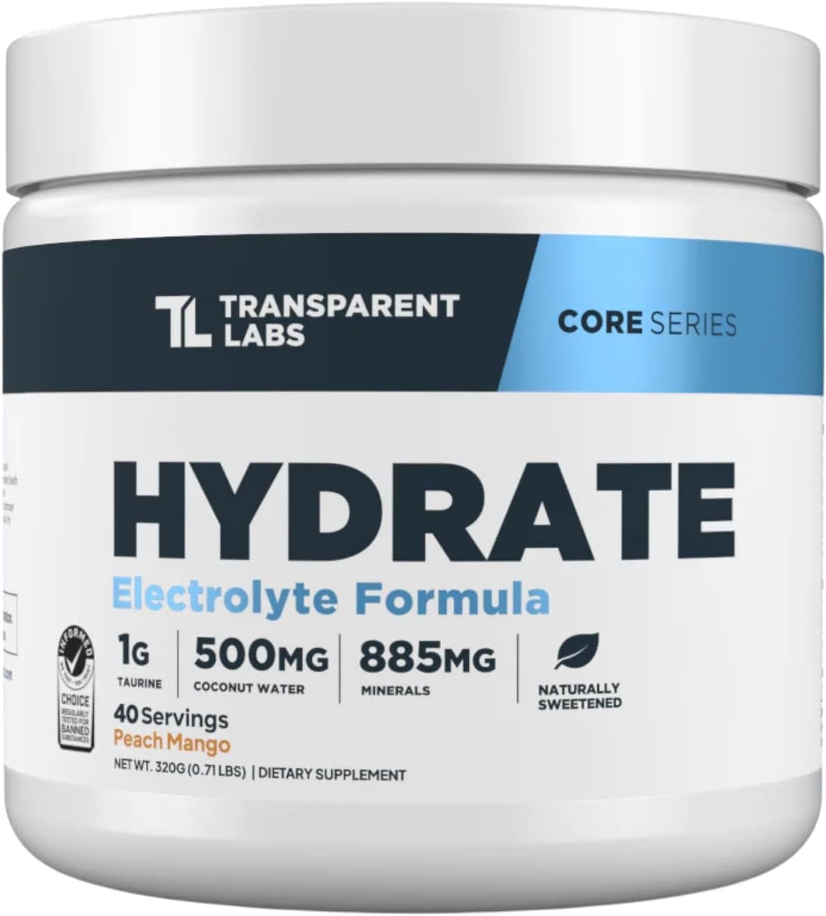 Transparent Labs Hydrate Naturally Sweetened Electrolytes Powder – Hydration Powder Electrolytes with Coconut Water, Calcium, Taurine, & Potassium – 40 Servings, Peach Mango