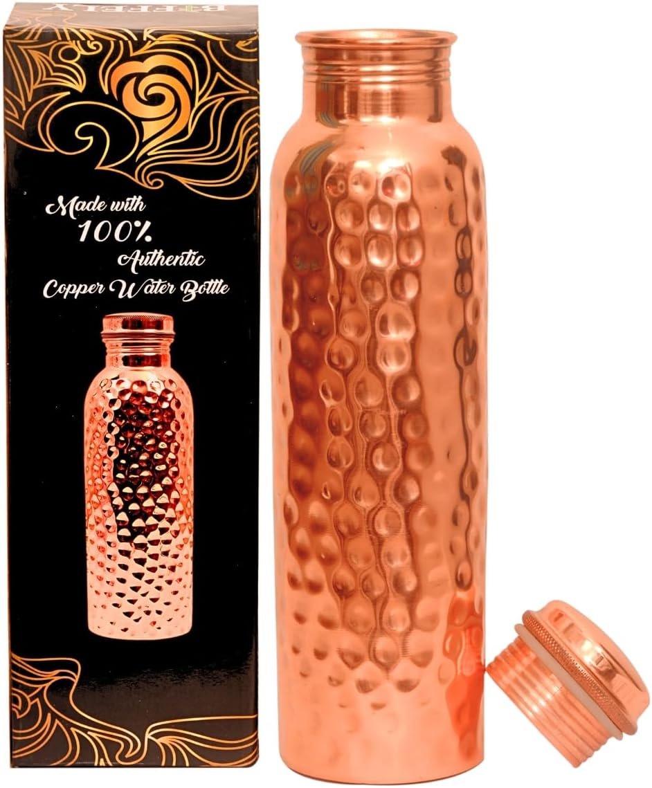 Copper Water Bottle – 34oz – Handcrafted Ayurvedic 100% Pure Copper Water Bottle for Drinking |Men & Women| Leak-Proof Lid BPA Free Non-Insulated & Eco Friendly with Premium Quality for Sport & Travel