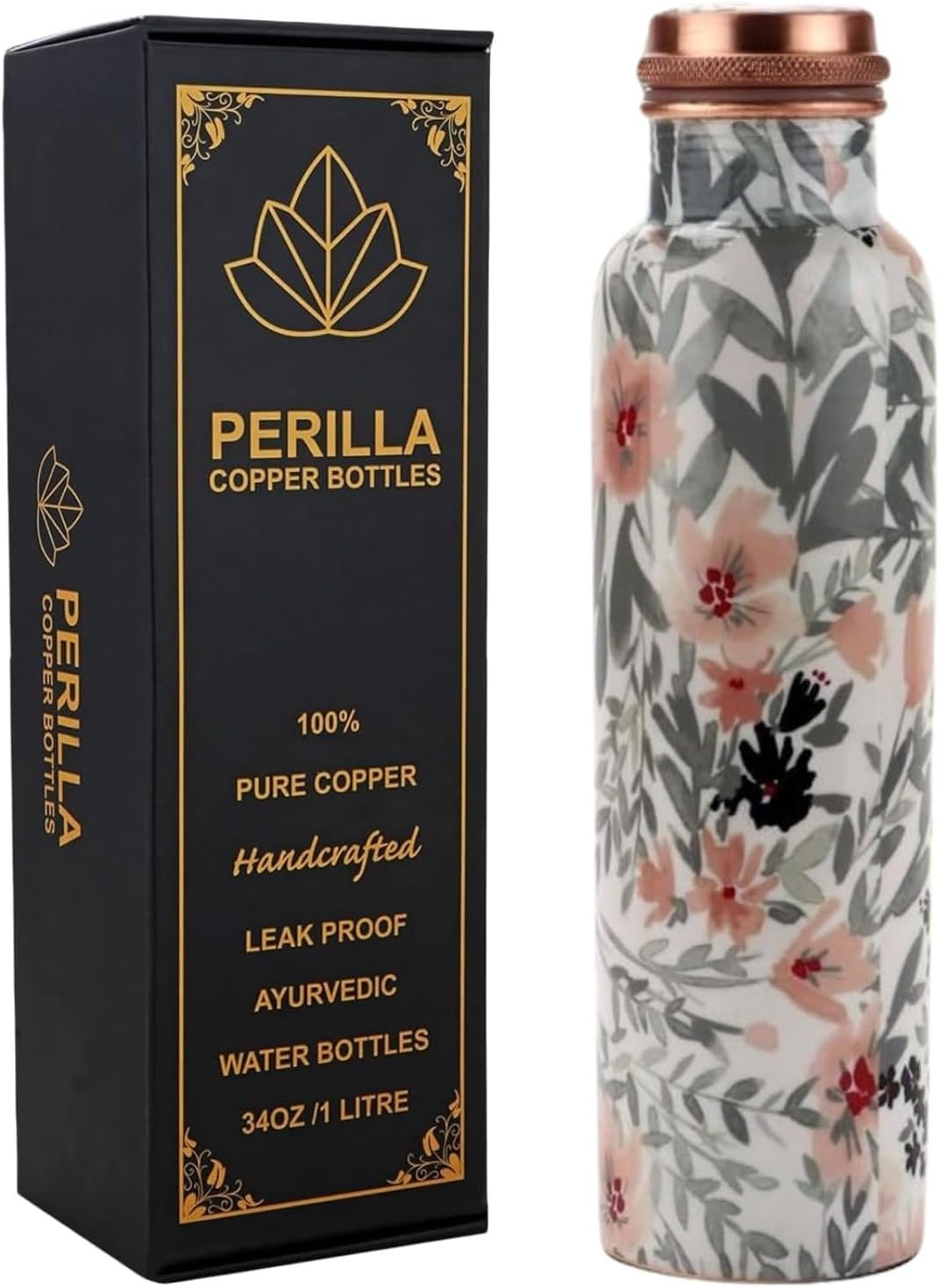 Perilla Home Pure Copper Water Bottle 34 Oz Leak Proof 100% Pure – Ayurvedic Copper Vessel – Drink More Water And Enjoy The Health Benefits Immediately – For Daily use Gym, Yoga Bottle (Printed 1)