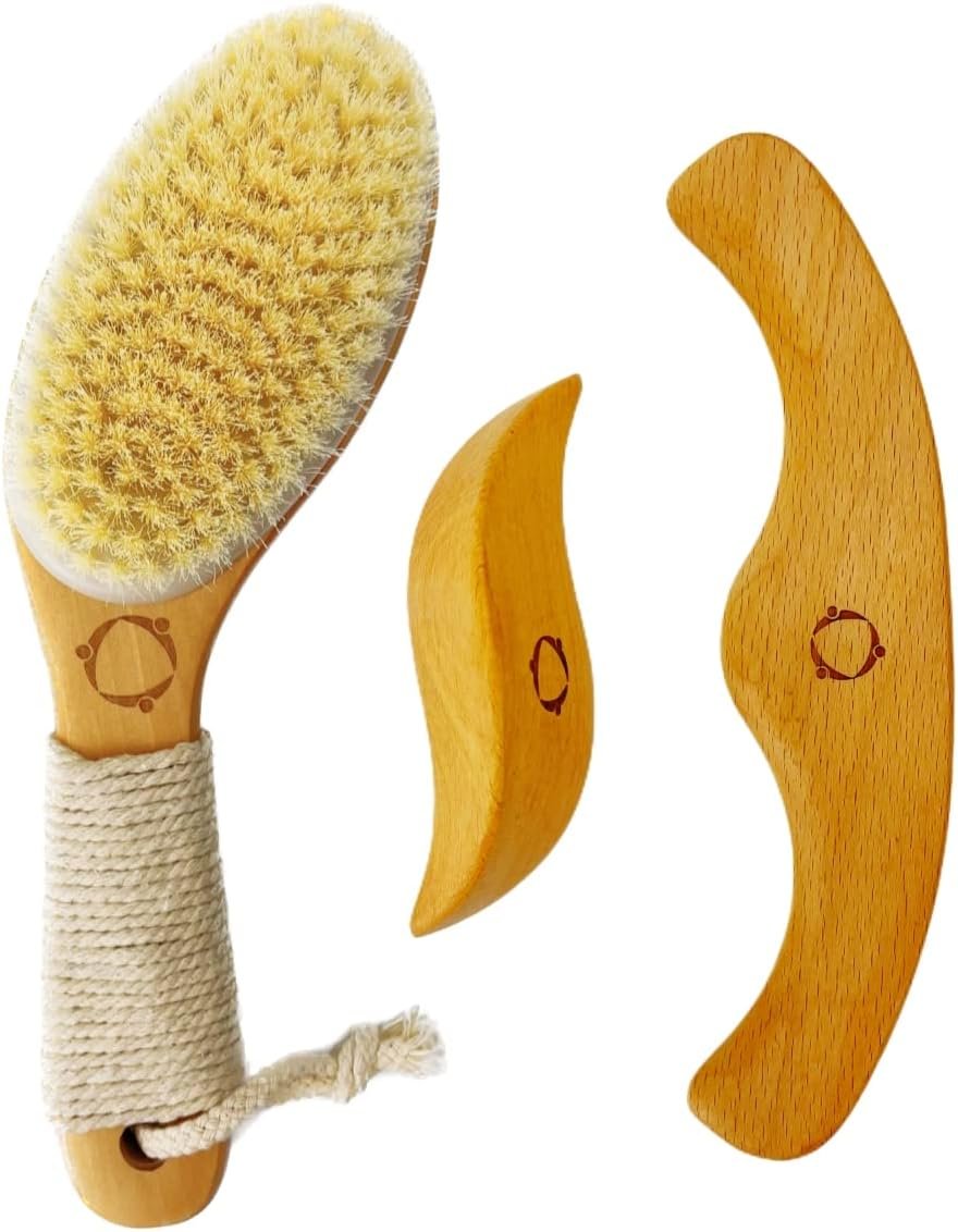 Dry Brushing Body Brush for Lymphatic Drainage-Vegan Dry Brush with Contoured Non-Slip Handle +Wood Therapy Massage Tools. Maderoterapia Kit, Gua Sha, Anti-Cellulite, Body Sculpting, Sensitive Skin