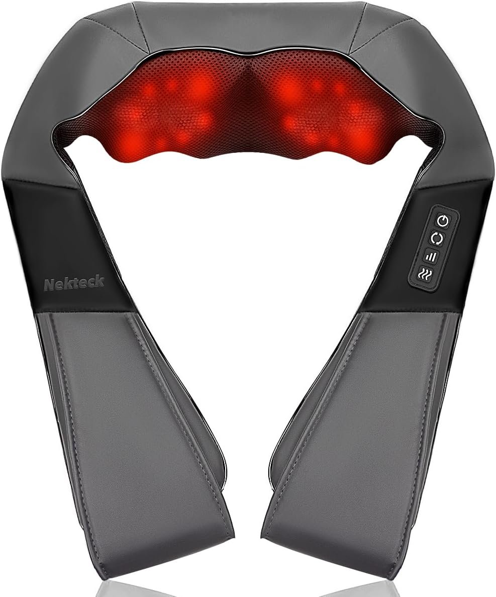 Nekteck Shiatsu Neck Massager with Heat for Pain Relief Deep Tissue, 2026 Upgraded 3D Back Shoulder Kneading Massage Pillow, Body Muscle Relaxation Tool Gifts for Him Her Mom Dad, Gray (NOT Cordless)